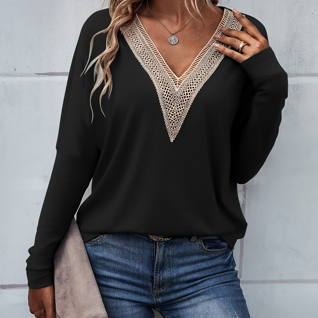 

Lace V Neck T-shirt, Casual Long Sleeve Top For Spring & Fall, Women's Clothing