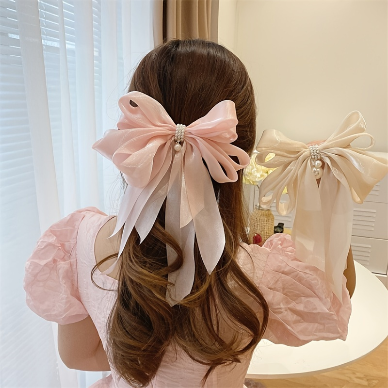 

Faux Pearl Yarn Bowknot Hair Claw Large Streamer Bowknot Shark Claw Long Ribbon Hair Accessories For Women