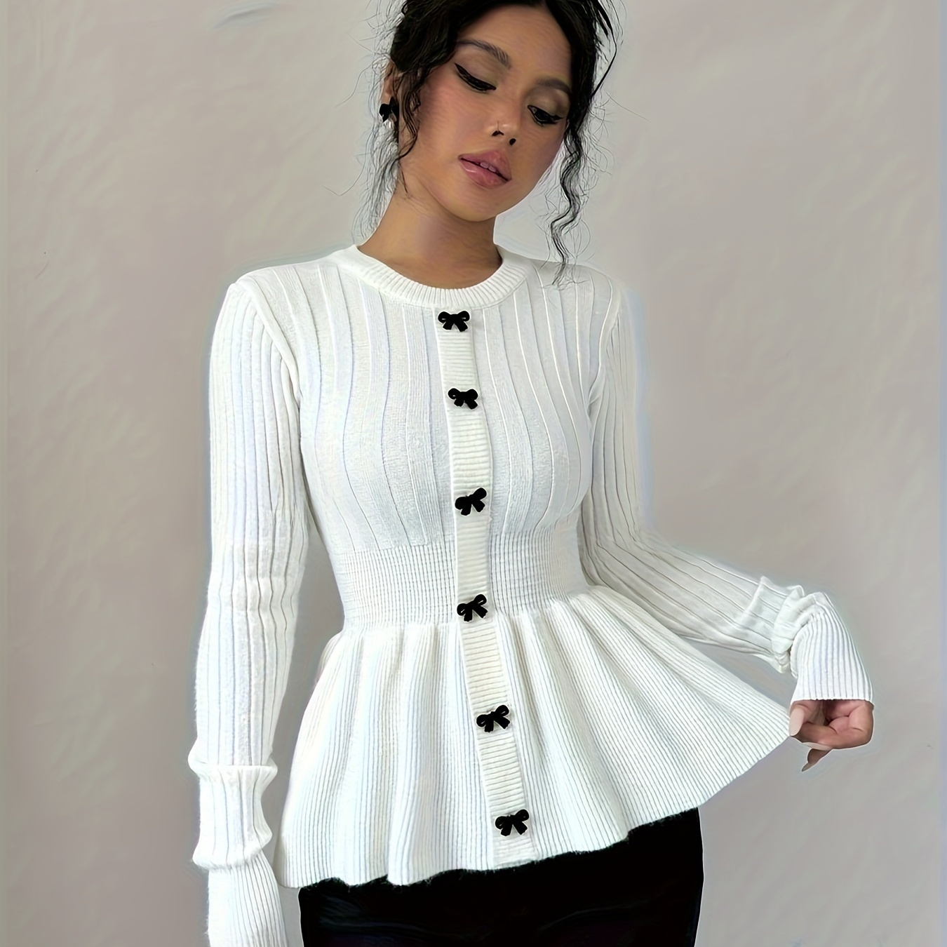 

Elegant Solid Color Long Sleeve Knit Top With Detail - Crew Neck, Polyester , All