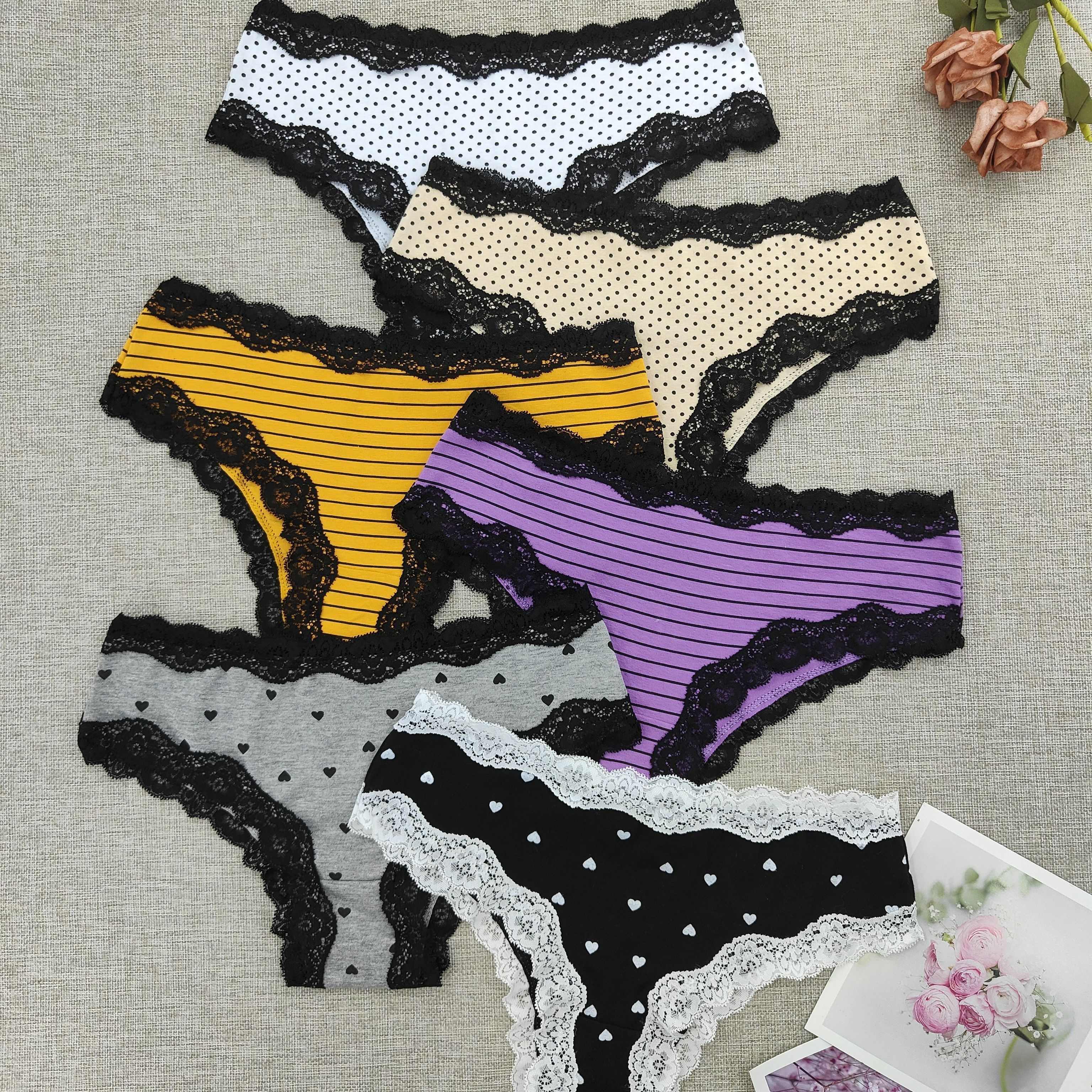 

6pcs Contrast Lace Briefs, Comfy & Breathable Stretchy Intimates Panties, Women's Lingerie & Underwear