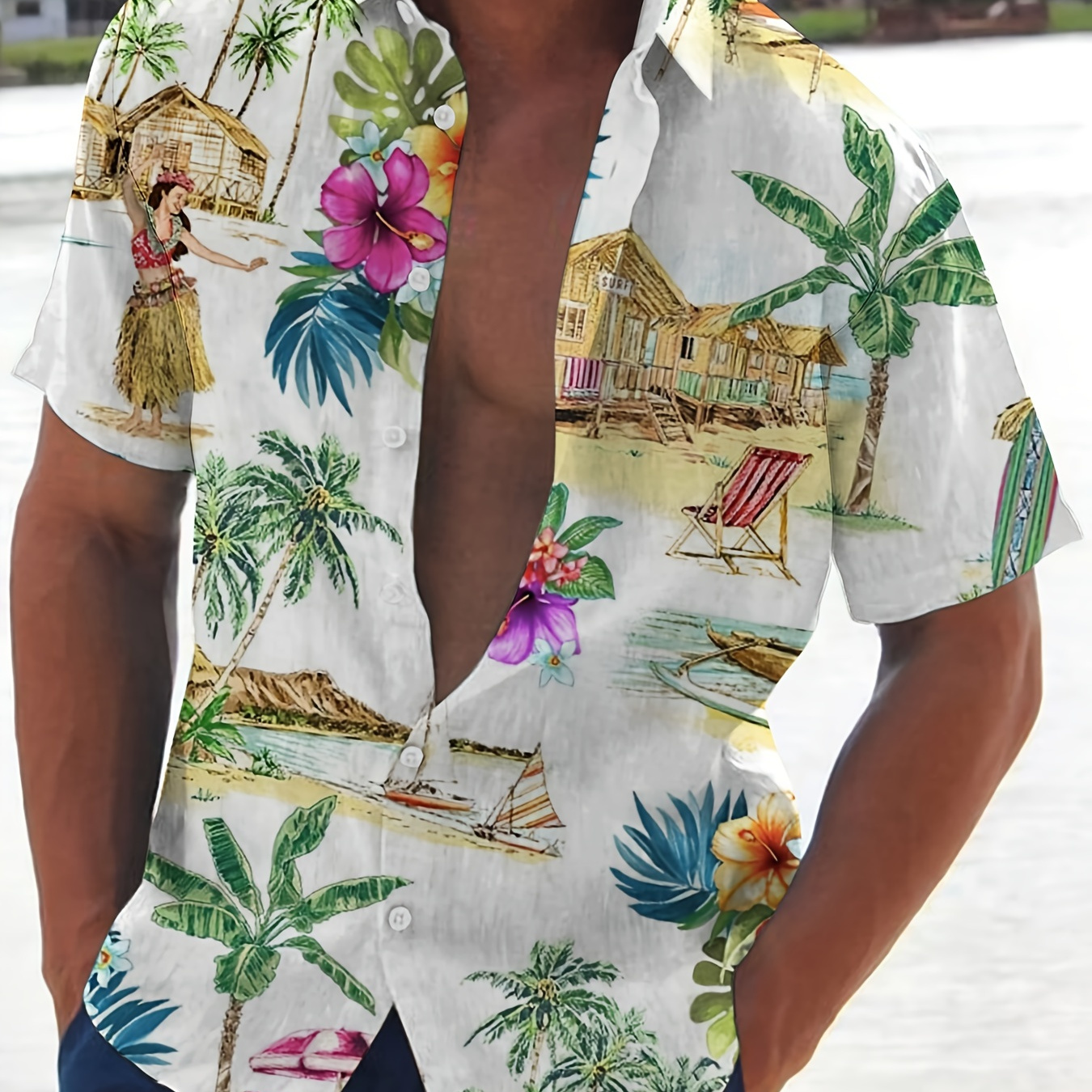 

Bohemian Style Beach Elements Anime Pattern Men's Short Sleeve Button Down Shirt Summer Resort Vacation