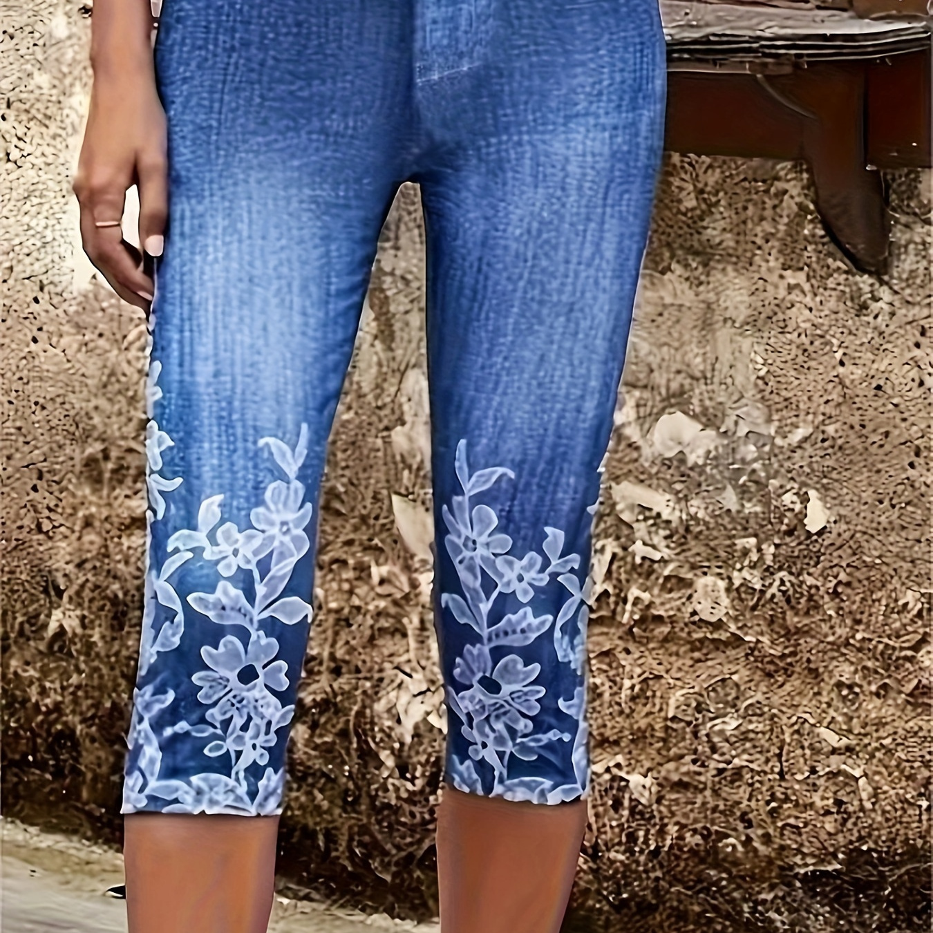 

Faux Denim Print Capri Leggings, Casual Skinny Stretchy Leggings For Every Day, Women's Clothing