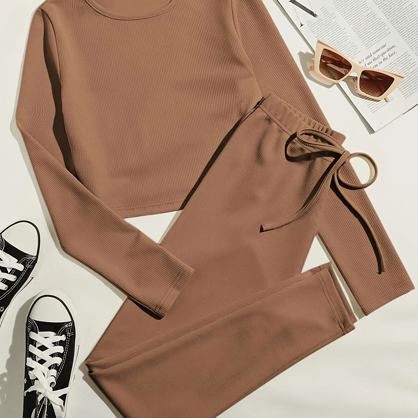 

1set Women's Casual Crew Neck Long Sleeve Knit Top And Pants Set, Solid Color Polyester, Regular Fit With Fake Drawstring Detail, Spring/fall Collection