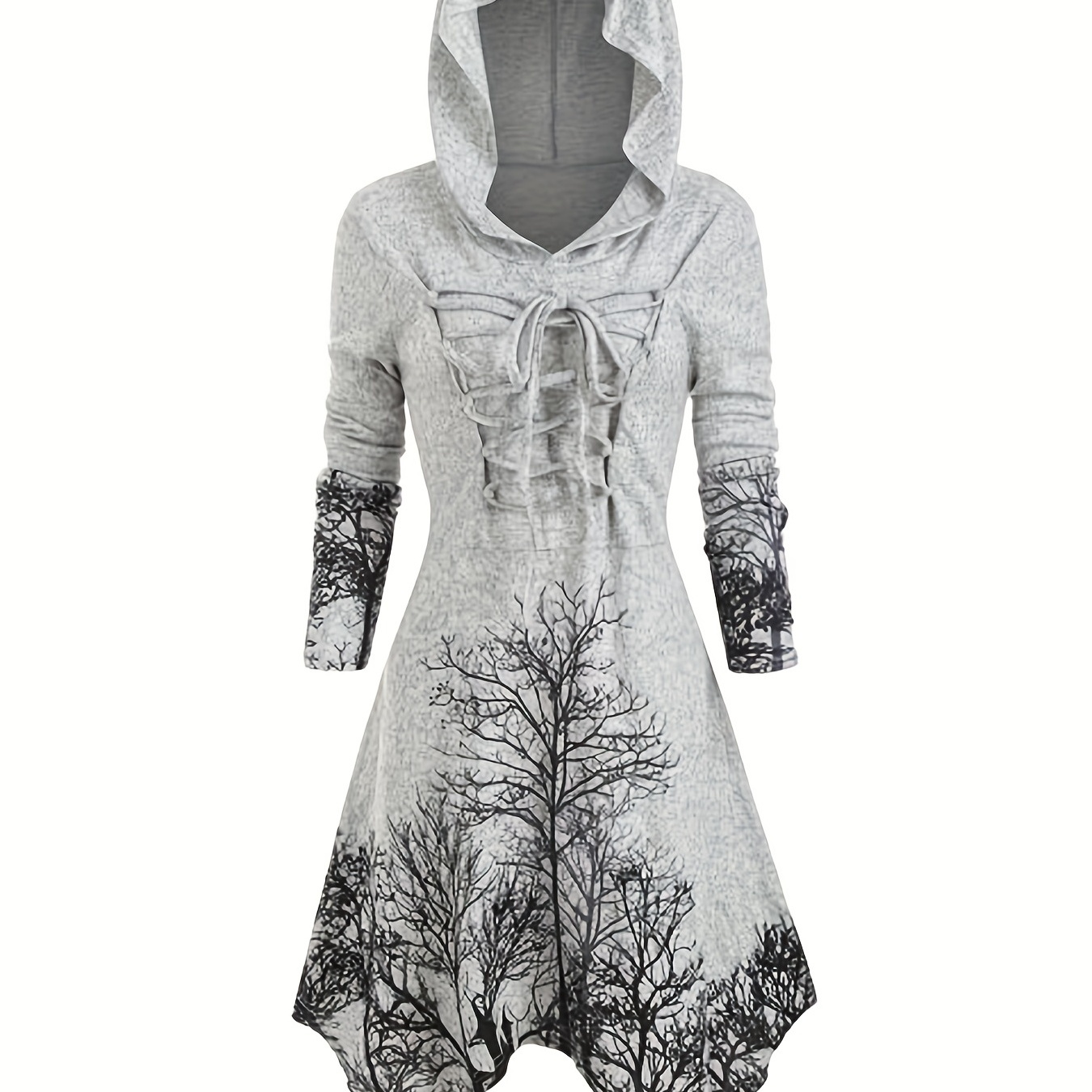 Tree Print Drawstring Hooded Dress, Casual Asymmetrical Long Sleeve Dress For Spring & Fall, Women's Clothing