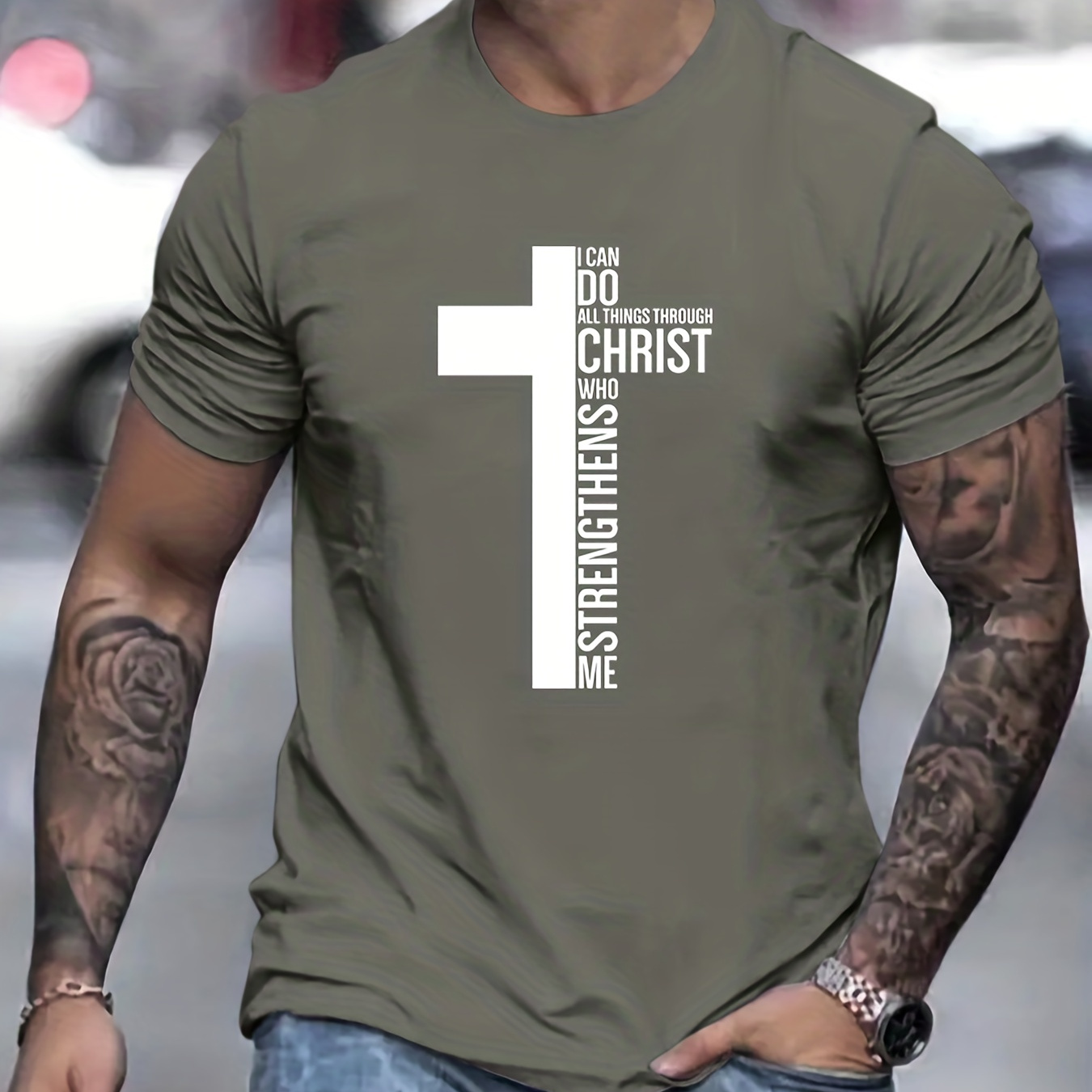 

Fashion Cross Graphic Print Men's Creative Top, Casual Slightly Stretch Short Sleeve Crew Neck T-shirt, Men's Tee For Summer Outdoor