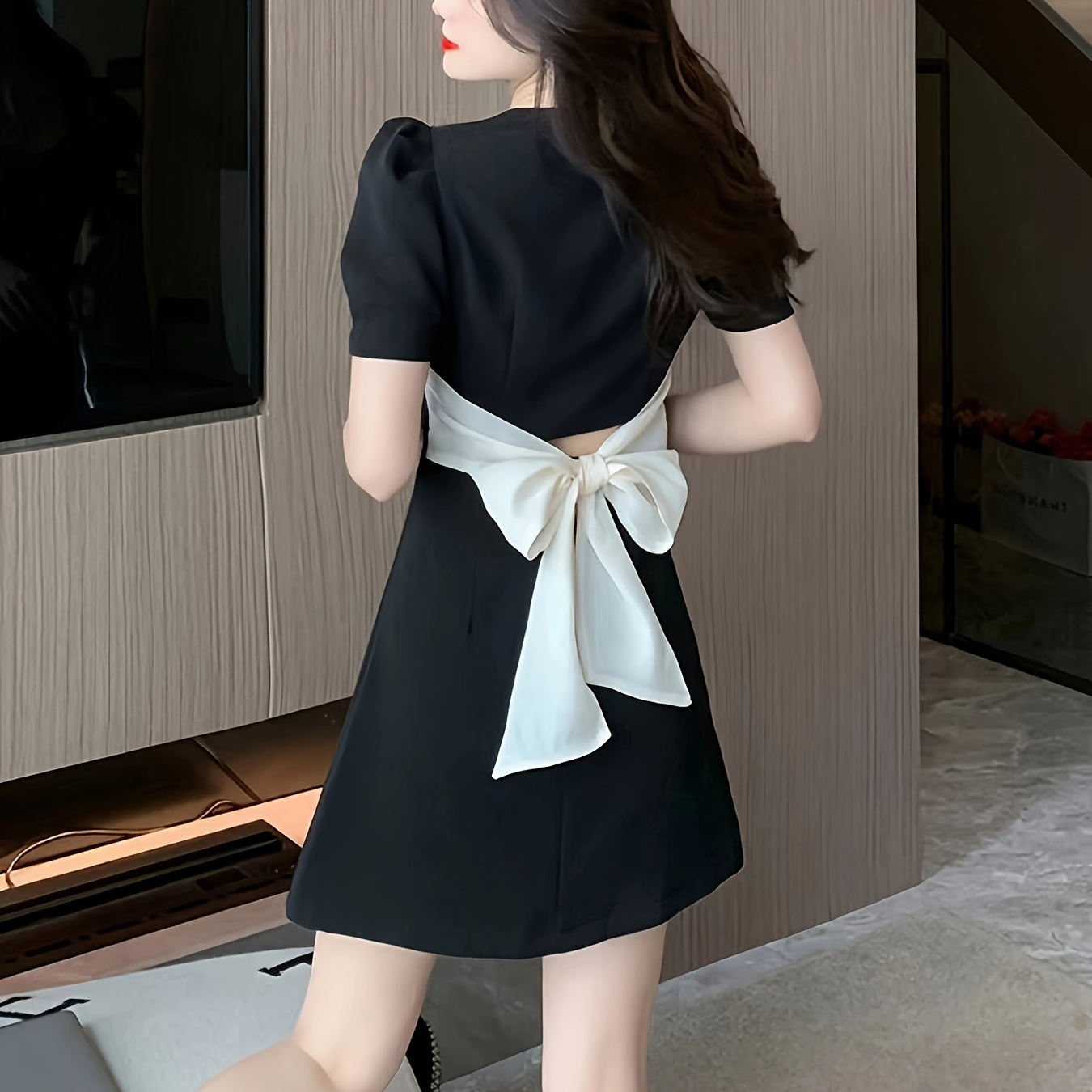 

Solid Color Tie Waist Dress, Casual Short Sleeve Dress, Women's Clothing