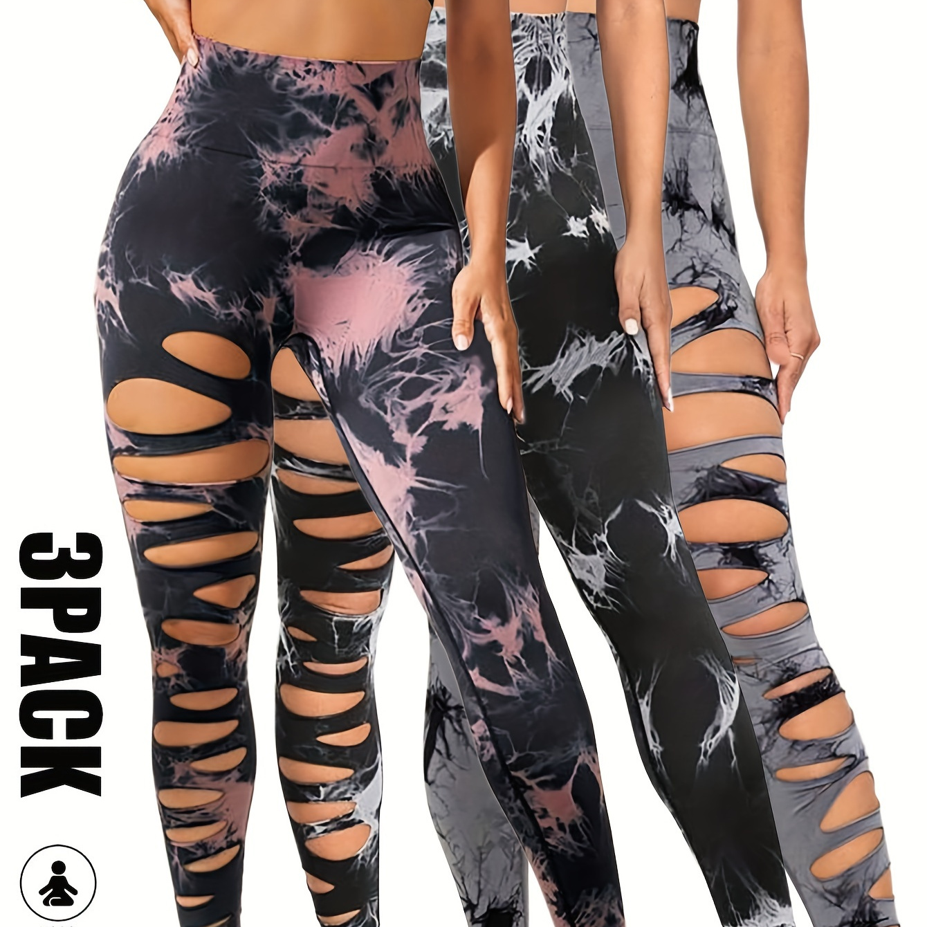 

3 Pack Women's Tie Dye Cutout Tights High Waist Workout Yoga Leggings, Scrunch Butt Lifting Pants, Womens High Waist Yoga Pants Cutout Ripped Tummy Control Workout Running Yoga Skinny Leggings