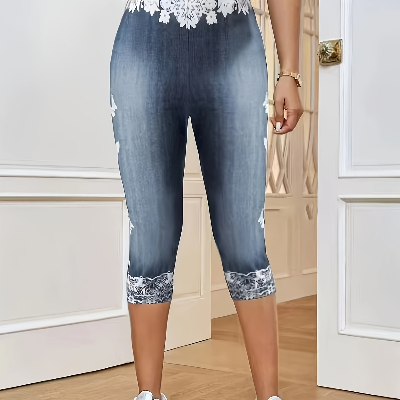 

1pc Elegant Print Capri Leggings For Women, Fashionable Denim Look, Stretchy Knit Fabric, Skinny Pants