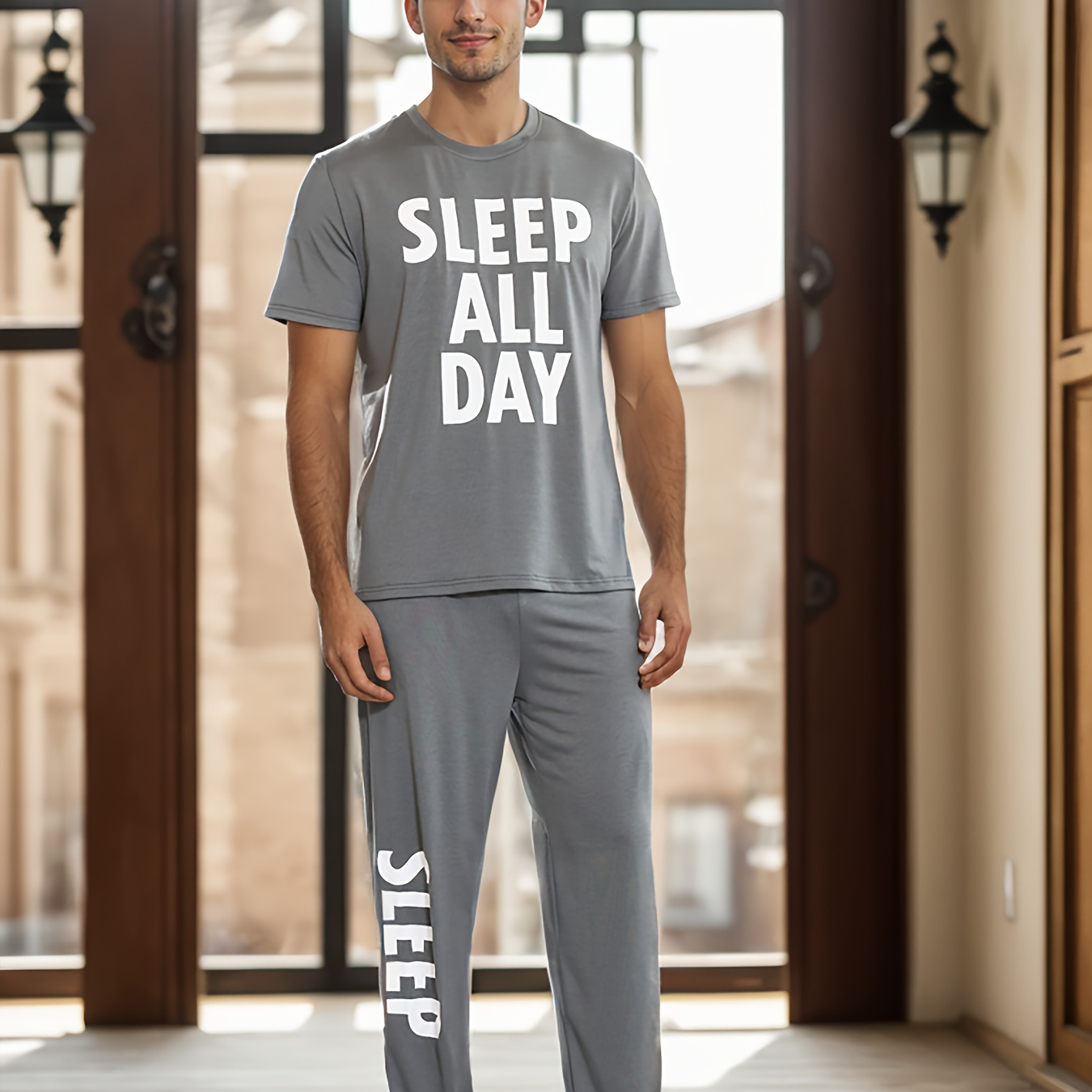 

Men's 2 Pcs Comfy And Loungewear Suit - Simple Letter Printed Short-sleeved T-shirt & Trousers