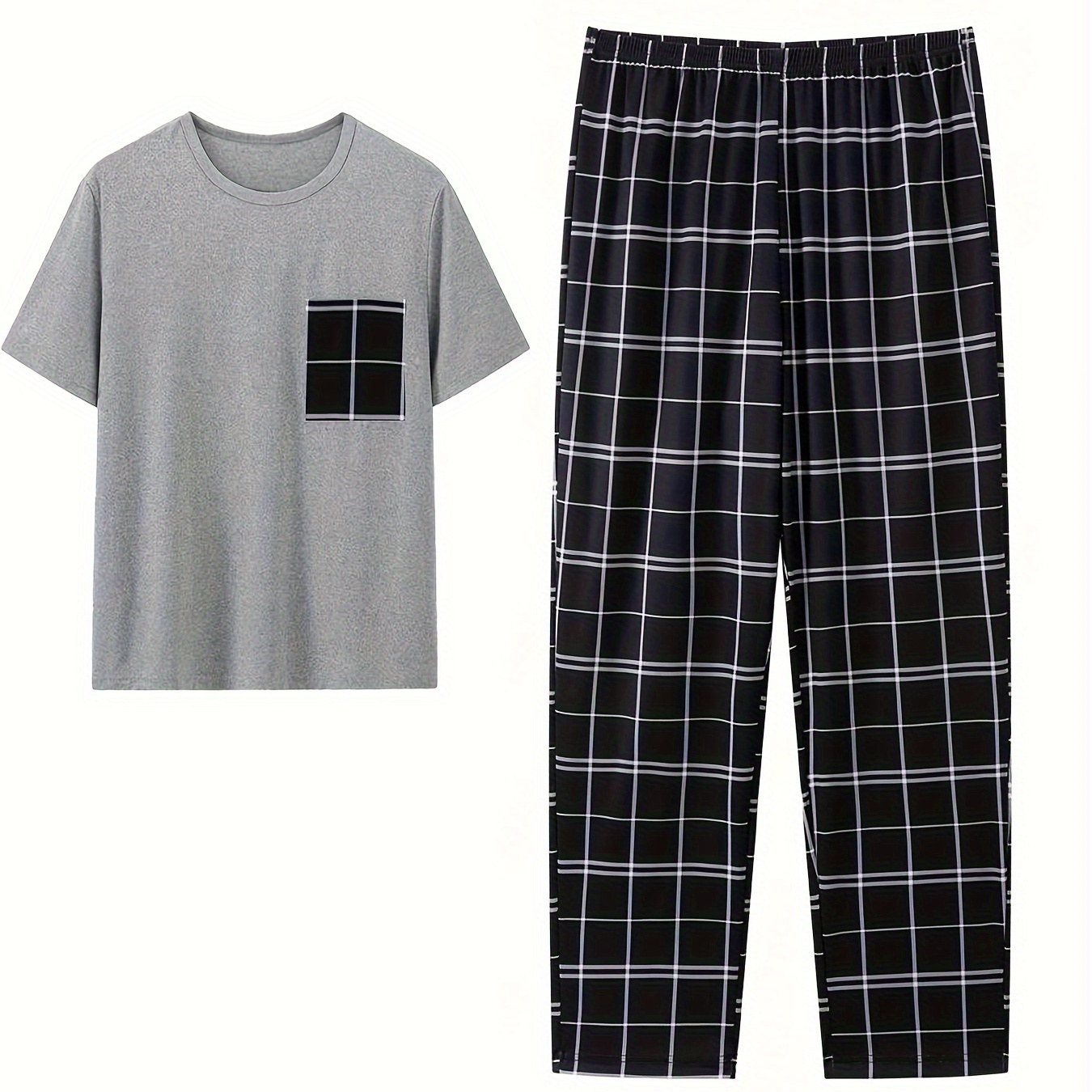 

Ensemble Pyjama Confortable pour Hommes - Manches Courtes & Pantalon Long, Mélange de Polyester Extensible, Lavable en Machine, Col Rond, Design à Carreaux