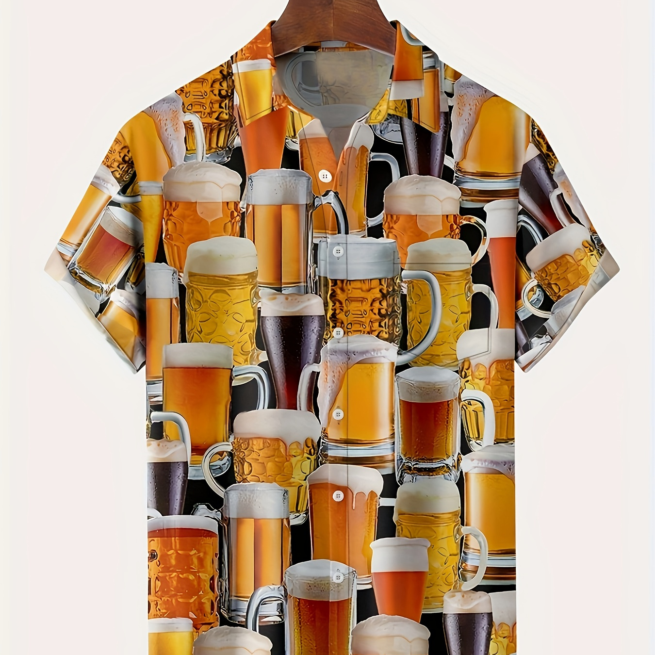 Plus Size Chic Hawaiian Shirt, 3D Beer Pattern Lapel Comfy Button Up Men's Top, Creative Men Clothing