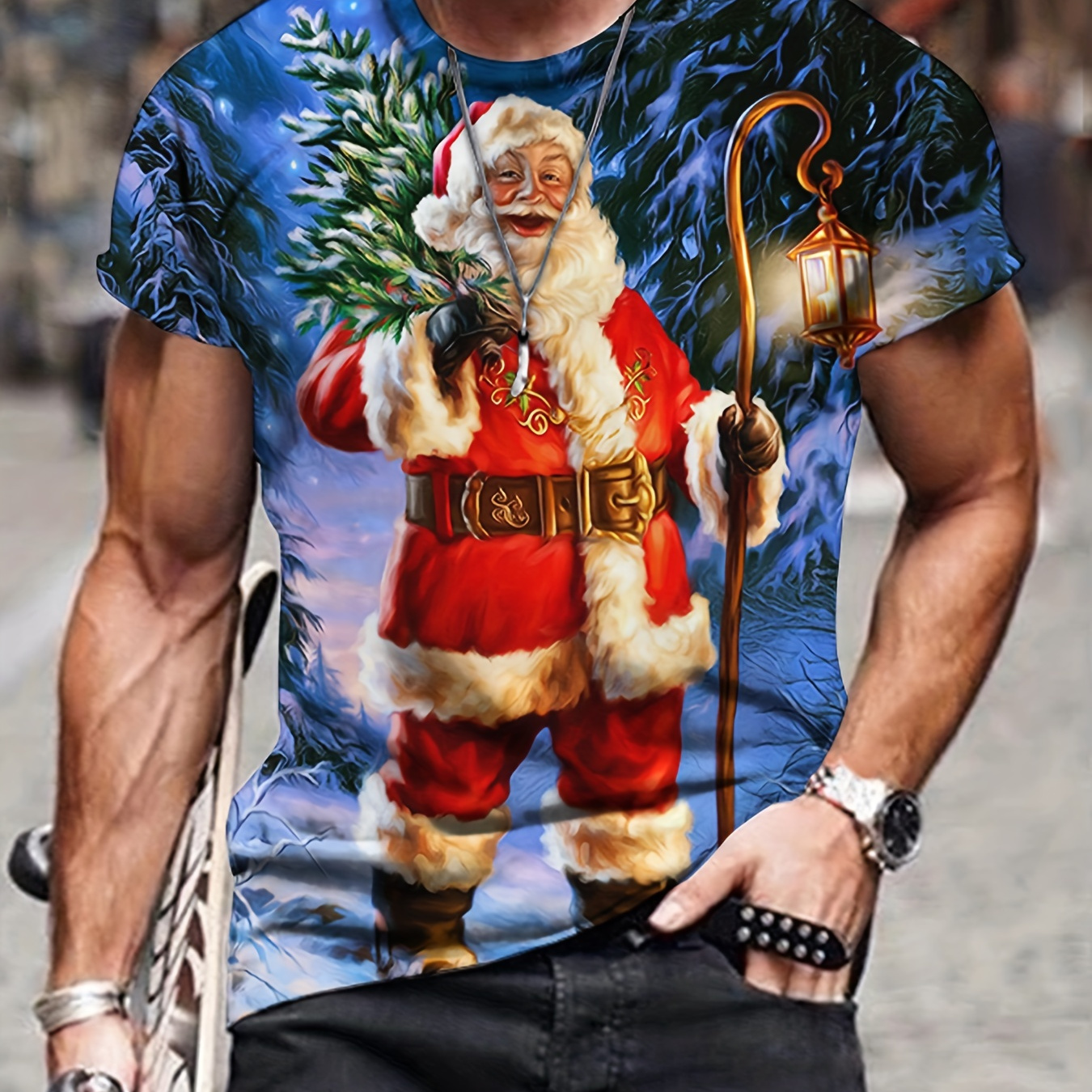 

Christmas Santa Claus Print Men's Comfy Sports T-shirt, Graphic Tee Men's Summer Outdoor Clothes, Men's Clothing For Fitness Activities