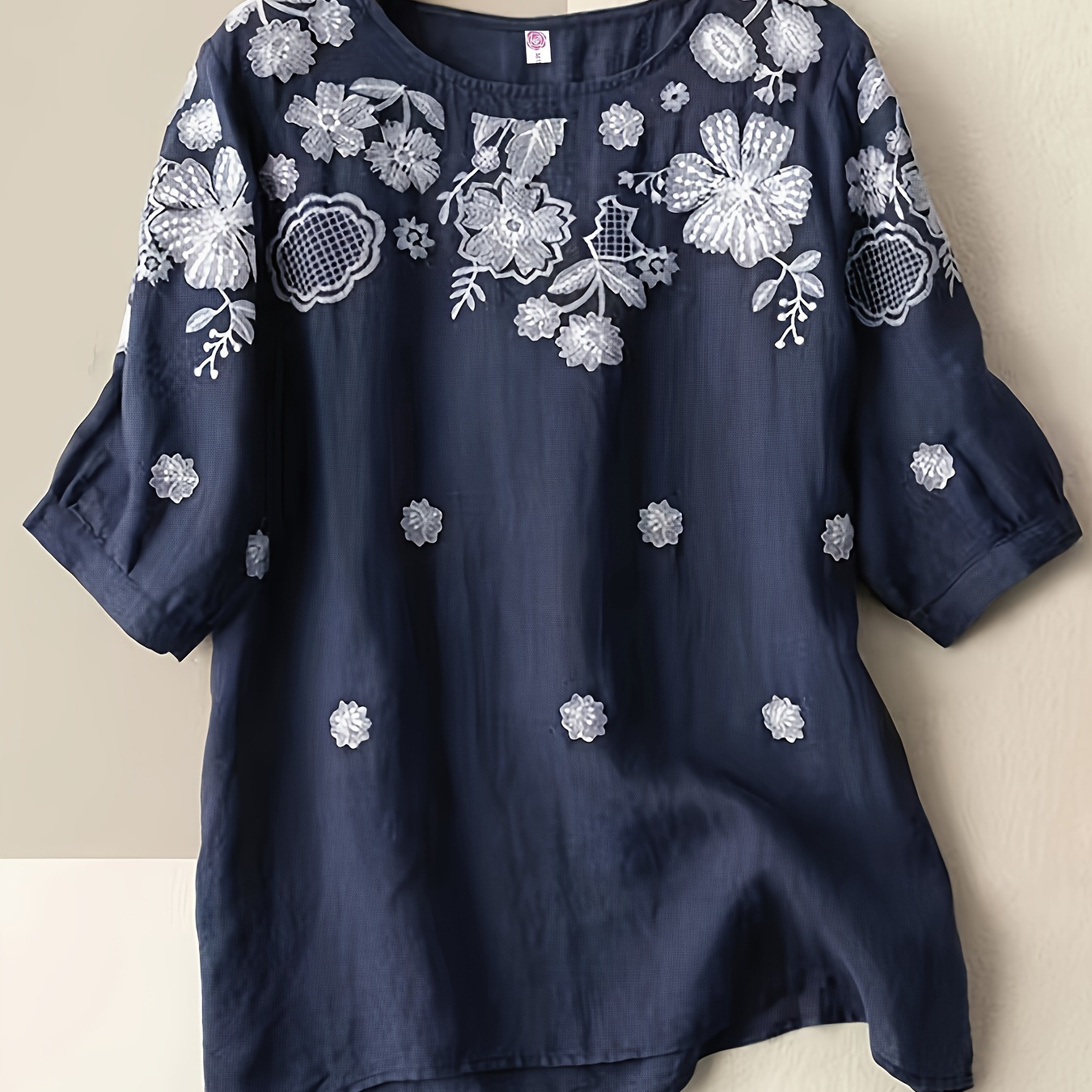 

Floral Embroidered Crew Neck Blouse, Vintage Half Sleeve Blouse For Spring & Fall, Women's Clothing