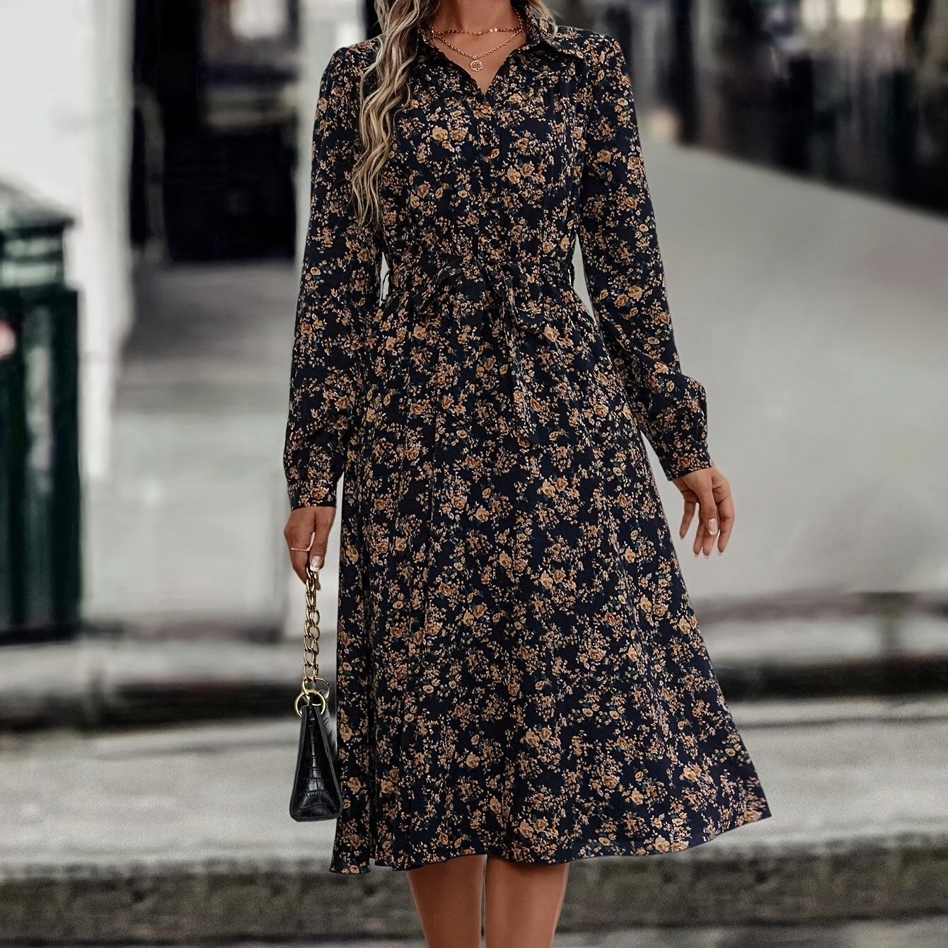 

Floral Print Aline Dress, Elegant Long Sleeve Swing Dress For Spring & Fall, Women's Clothing