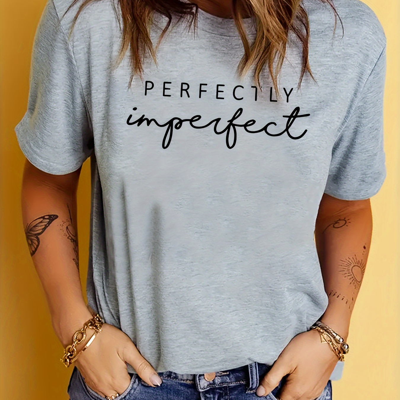 

Perfectly Imperfect Letter Graphic Casual Sports T-shirt, Fashion Short Sleeves Running Workout Tops, Women's Activewear