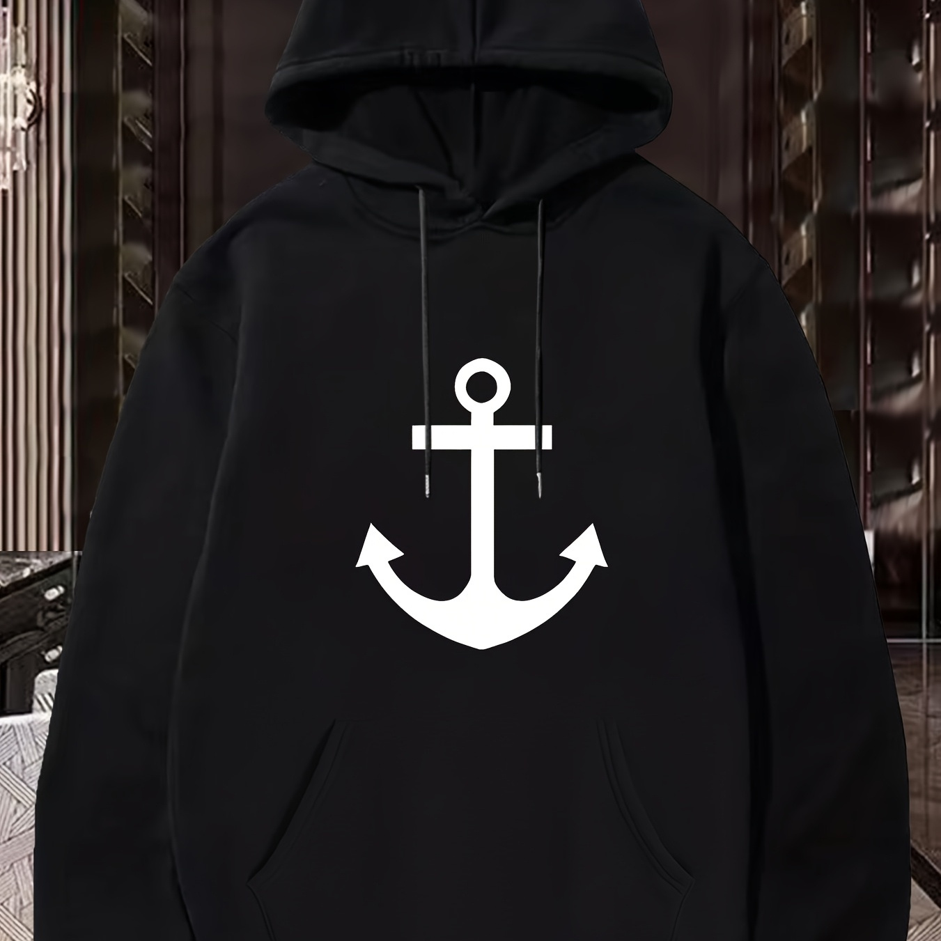 

Nautical Graphic Hooded Sweatshirt, Polyester Sports Style Hoodie, Regular Fabric, With Long Sleeves, Stretch, With Applique Detail, For Casual Hip-hop Autumn Winter Student Wear