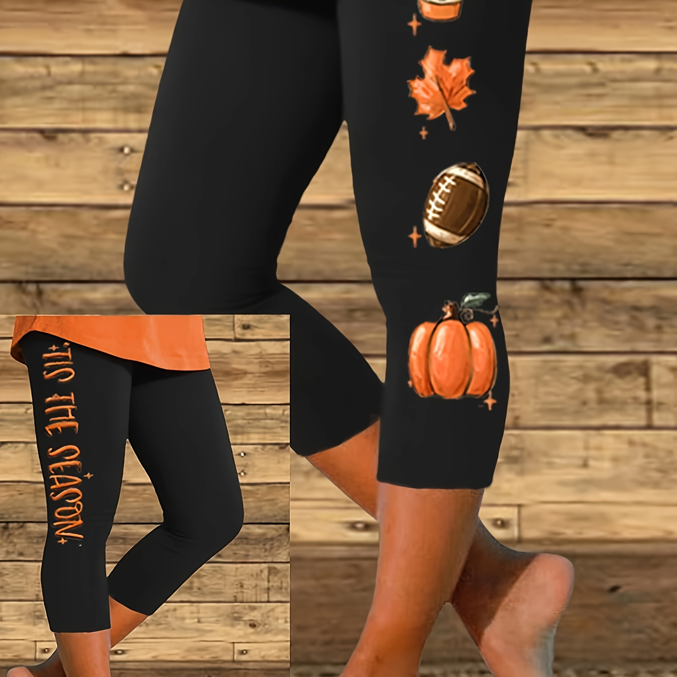 

Football & Pumpkin Print Skinny Cropped Leggings, Casual High Waist Stretchy Workout Leggings, Women's Clothing