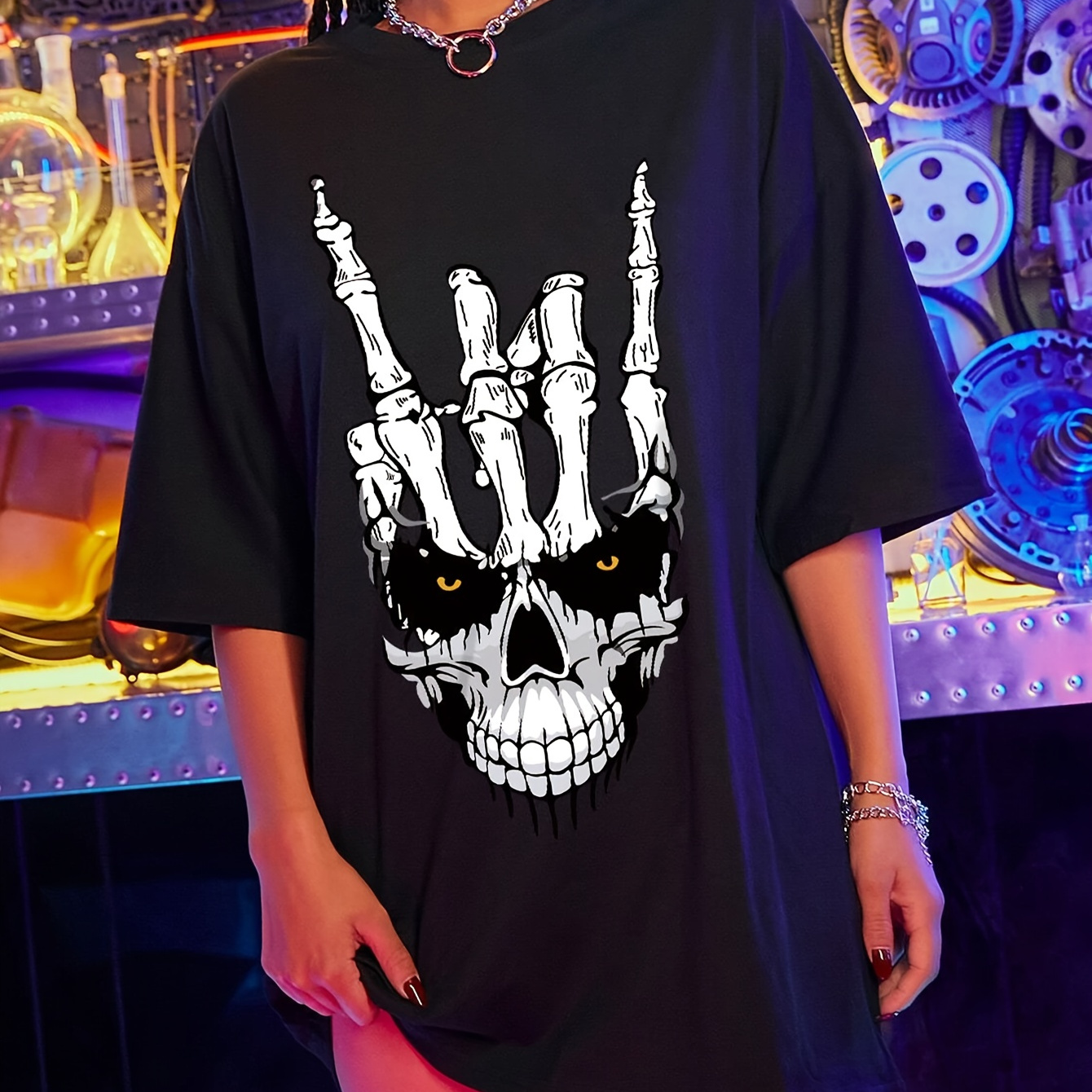 

Skull Casual T-shirt, Crew Neck Drop Shoulder For , Women's Clothing