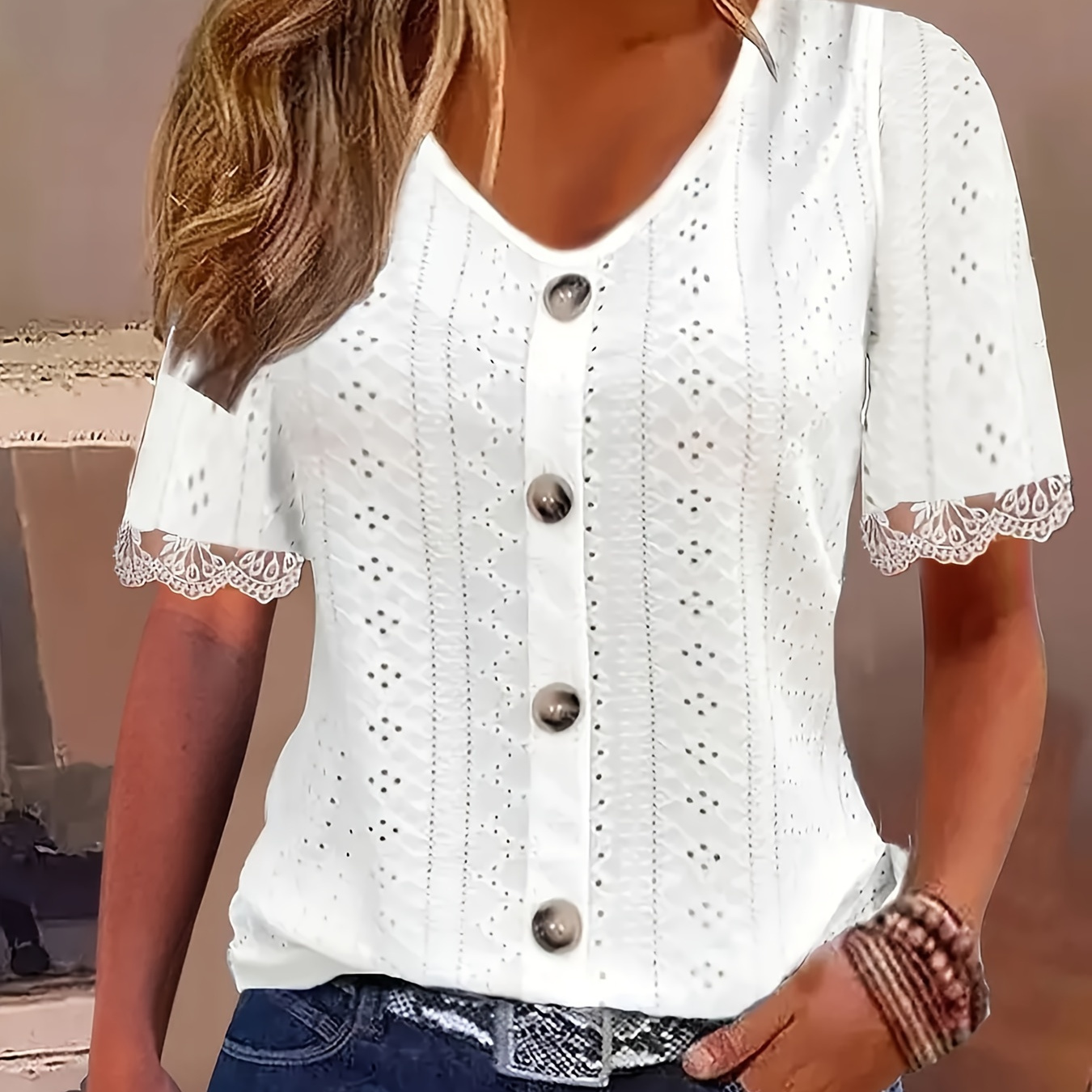 

Lace Trim Button Decor Eyelet T-shirt, Casual V Neck Short Sleeve Top For Spring & Summer, Women's Clothing