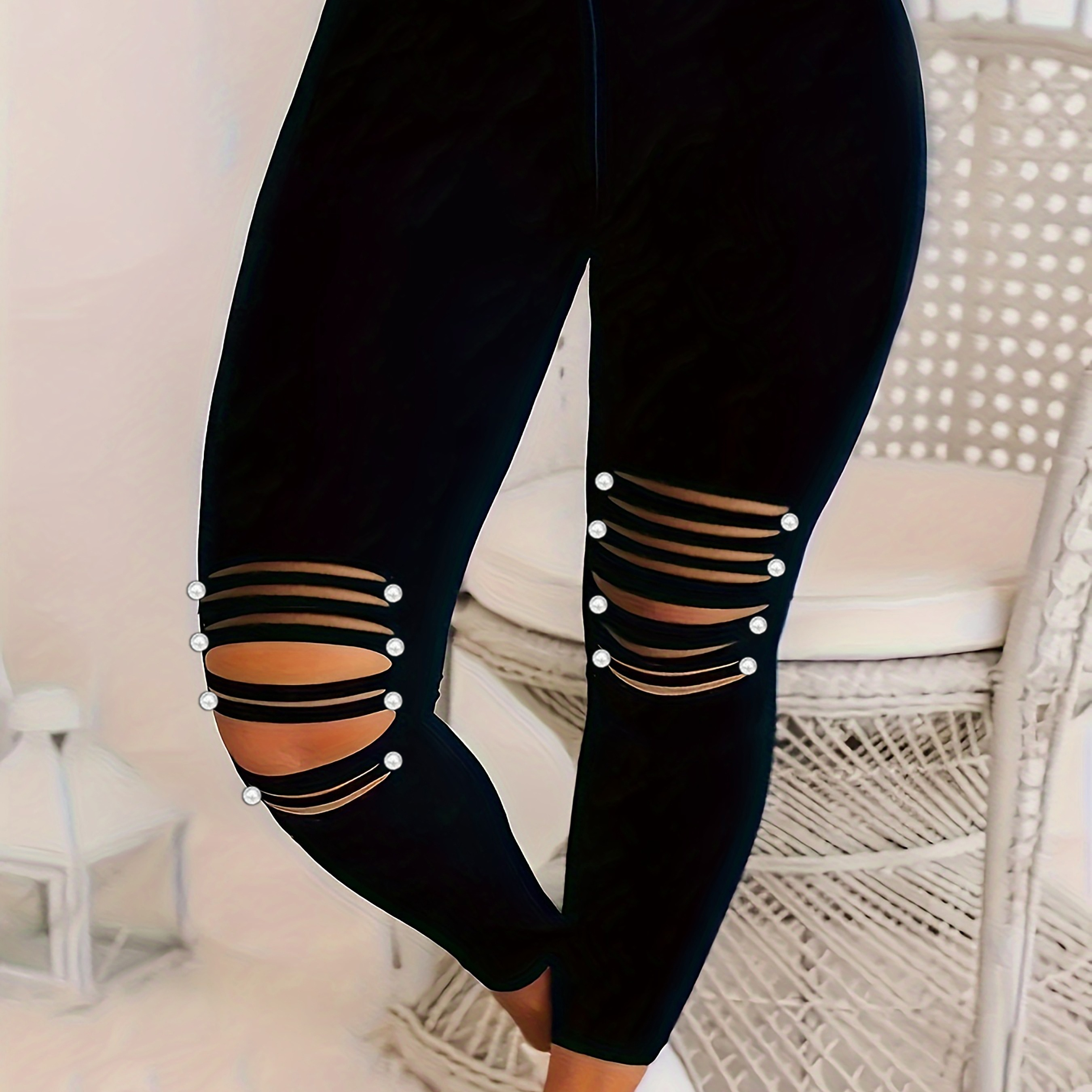 

Leggings skinny de couleur unie déchirés, leggings décontractés extensibles à taille haute pour tous les jours, vêtements pour femmes