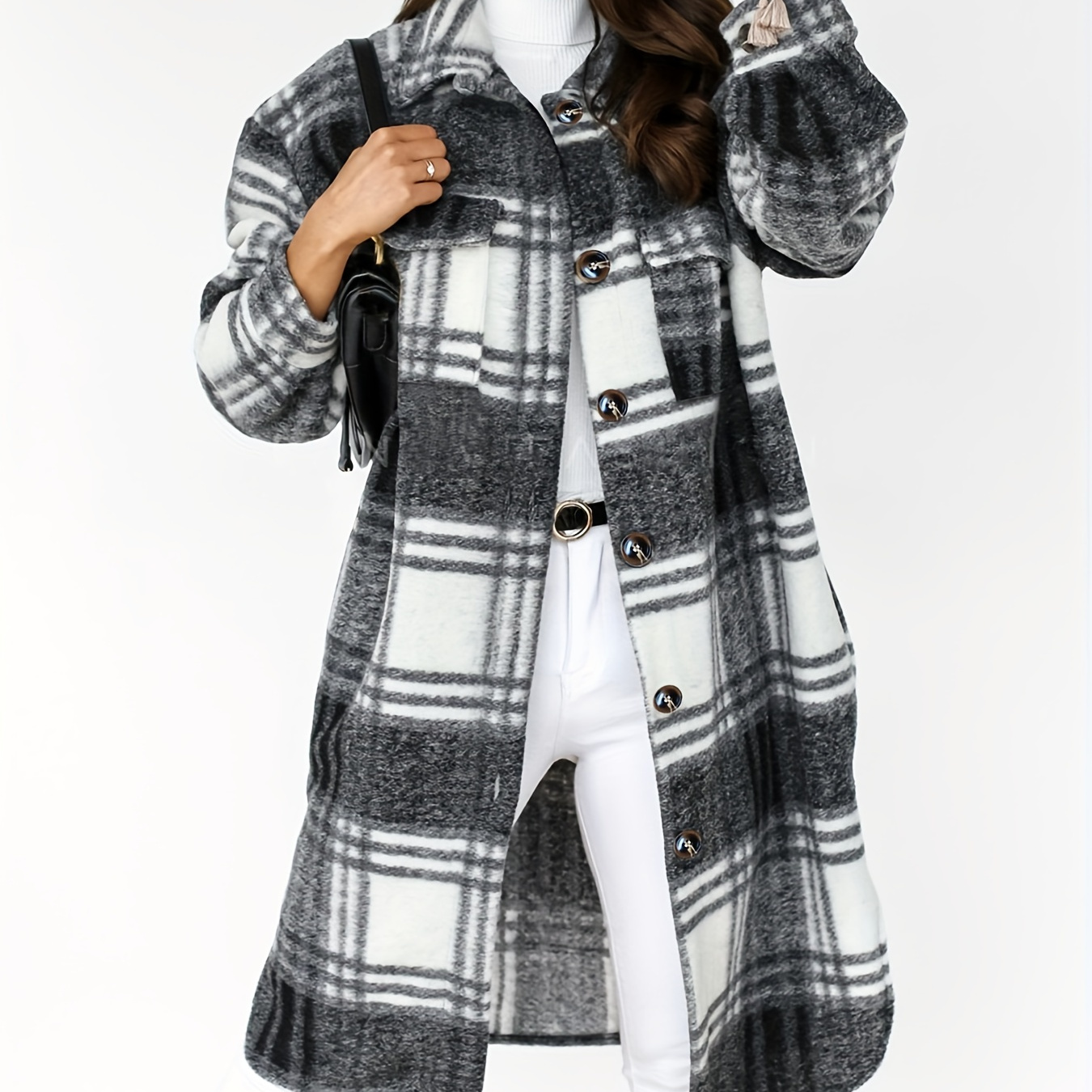 

Plus Size Casual Coat, Women's Plus Plaid Print Long Sleeve Lapel Collar Button Up Shacket Jacket