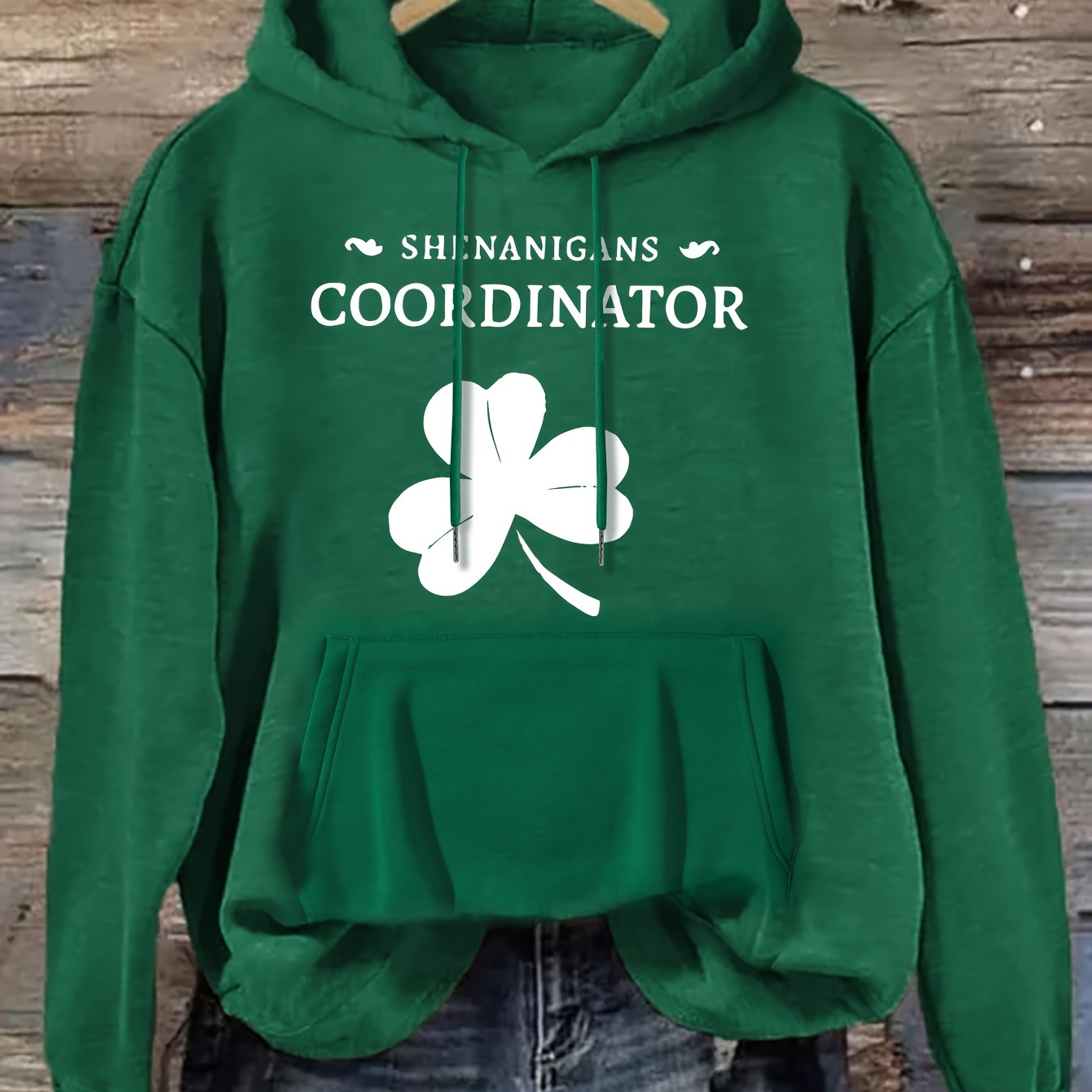 

Women's 's Day Hoodie, 100% Polyester Knit Fabric, Casual Hooded Sweatshirt With Pockets, Alphabet & Clover , Drawstring Pullover For Fall/winter