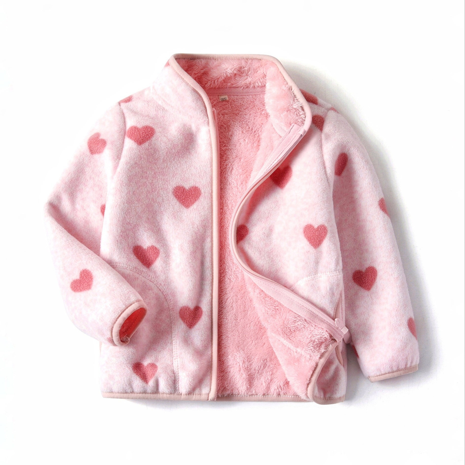 

Girls Fleece Cute Heart Printed Casual Warm Stand Collar Zipper Jacket For Outdoor