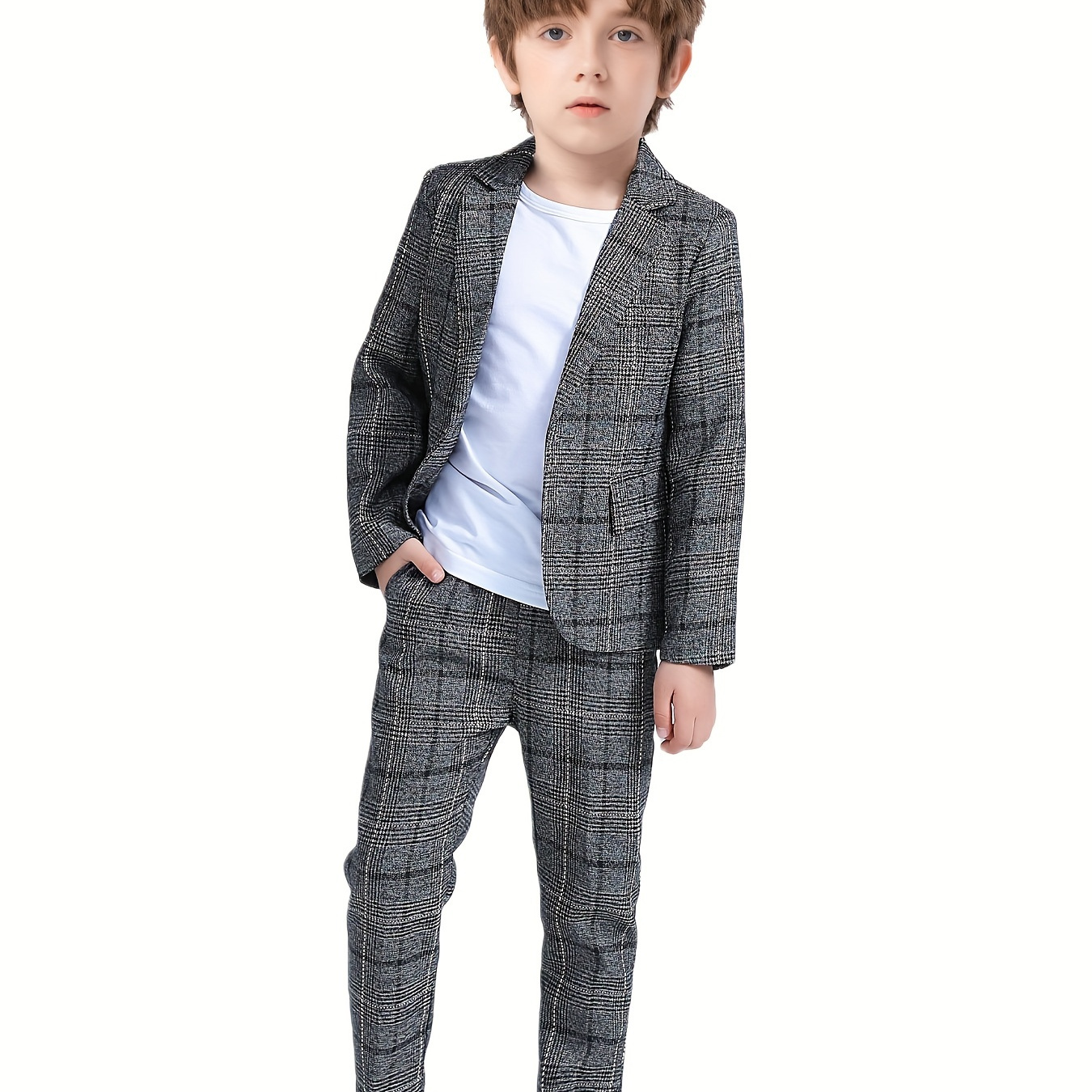 

2pcs Boys Formal Gentleman Outfits Plaid Long Sleeve Blazerpants, Kids Clothing Set For Competition Performance Wedding Banquet Dress
