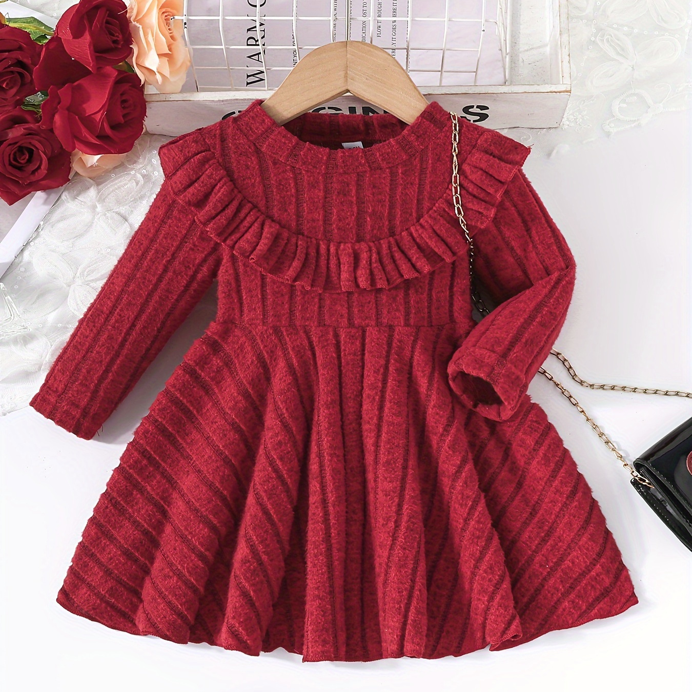 

1pc ' Ruffle Long , Rib Knit Striped Texture, , Regular /