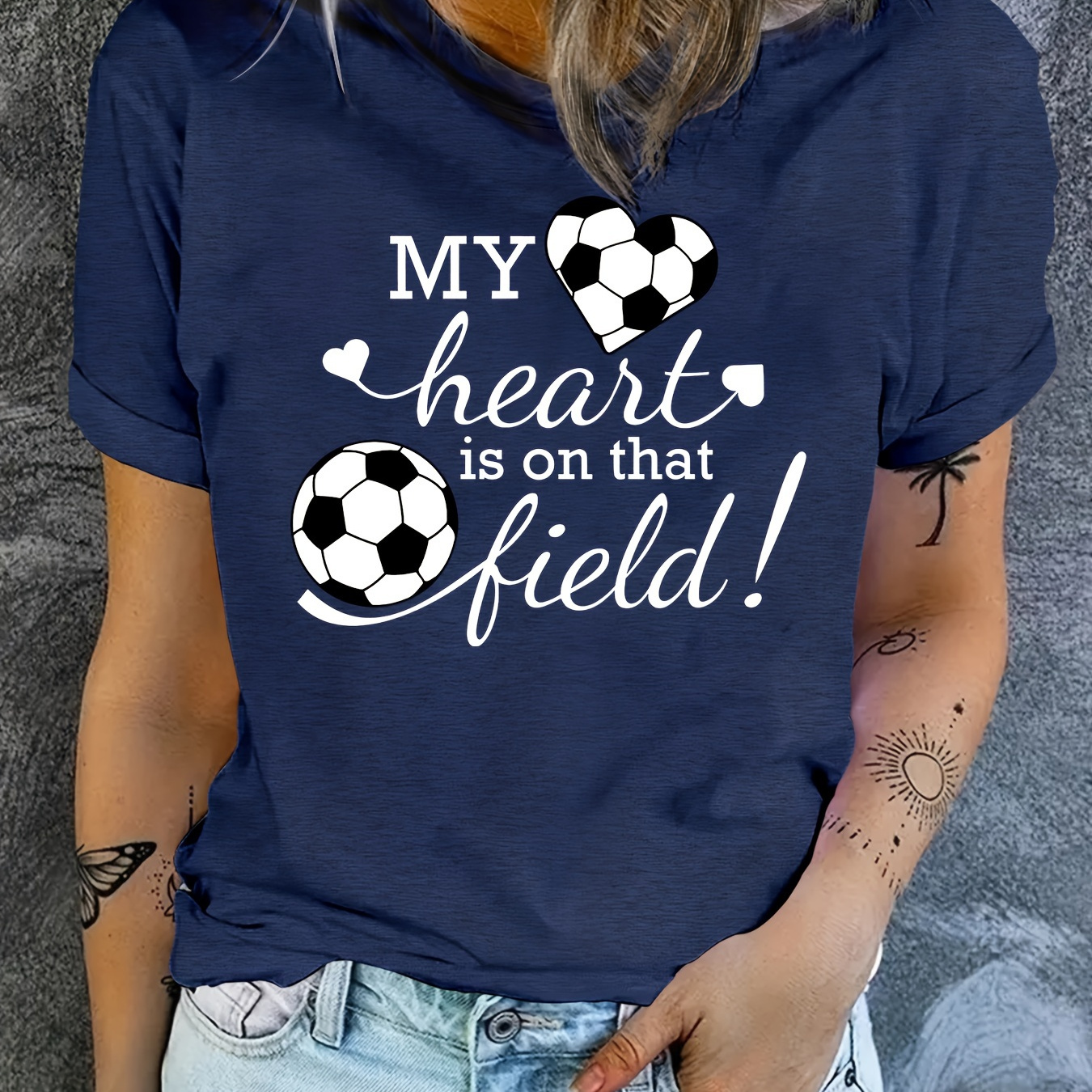 

Soccer Print Crew Neck T-shirt, Casual Short Sleeve Top For Spring & Summer, Women's Clothing