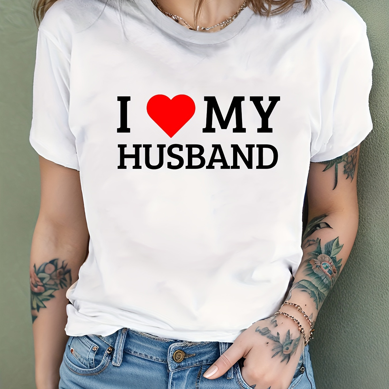 

I Love My Husband Graphic Round Neck Sports Tee, Short Sleeves Casual Workout T-shirt Top, Women's Activewear