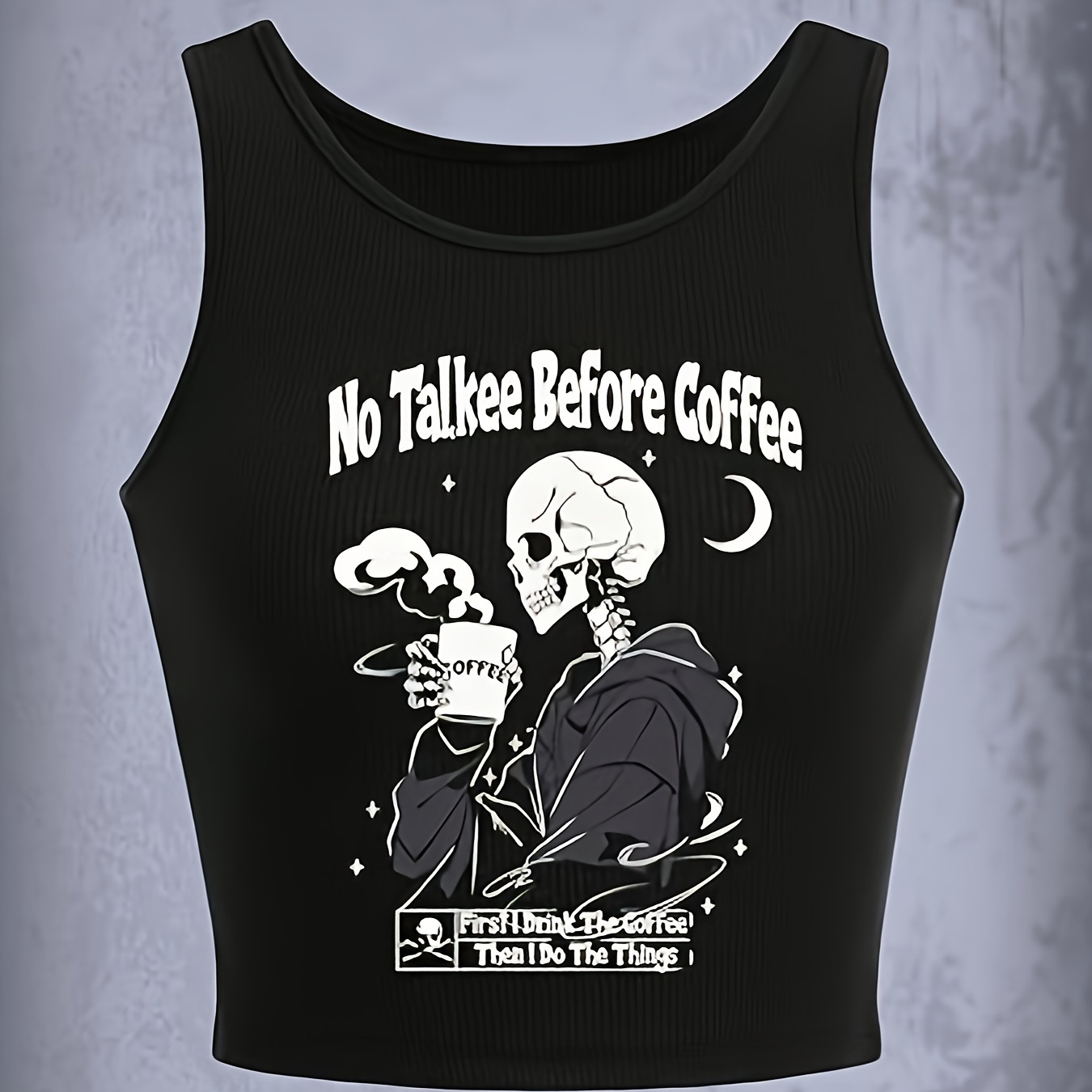 

Coffee & Skull Print Tank Top, Casual Crew Neck Tank Top For Summer, Women's Clothing