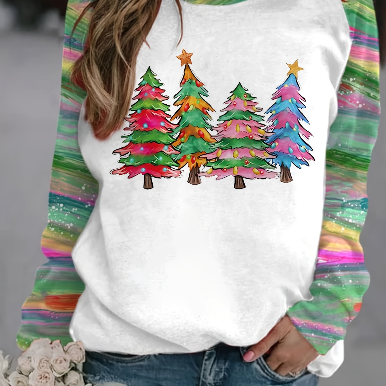 

Christmas Colorful Tree Print Sweatshirt, Cute Color Block Crew Neck Sweatshirt, Women's Clothing