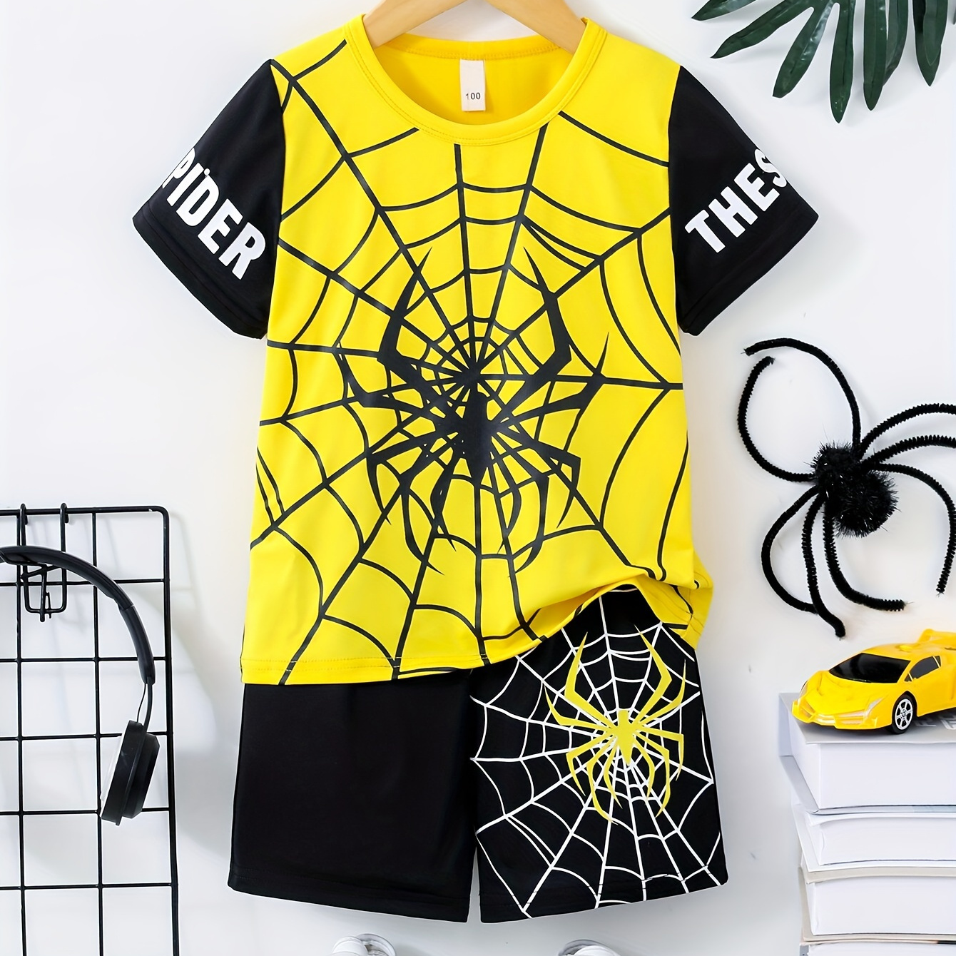 

2pcs Boys Letter And Spider Web Print Versatile Short Sleeve T-shirt & Shorts Set, Cool, Lightweight And Comfy Summer Clothes