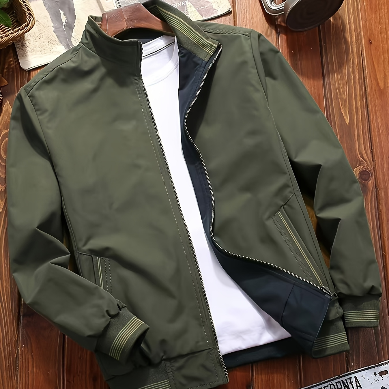 

Varsity Style Men's Reversible Striped Stand Collar Zip Up Long Sleeve Windbreaker Jacket, For Daily And Outdoors Leisurewear