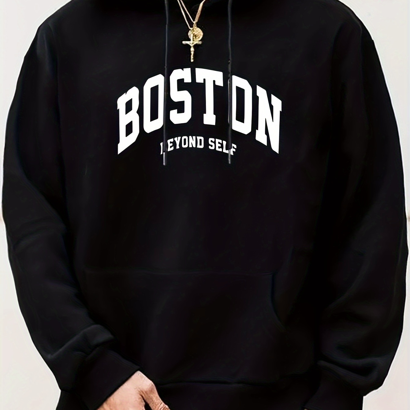 

Boston Print Men's Pullover Round Neck Hoodies With Kangaroo Pocket Long Sleeve Hooded Sweatshirt Loose Casual Top For Autumn Winter Men's Clothing As Gifts
