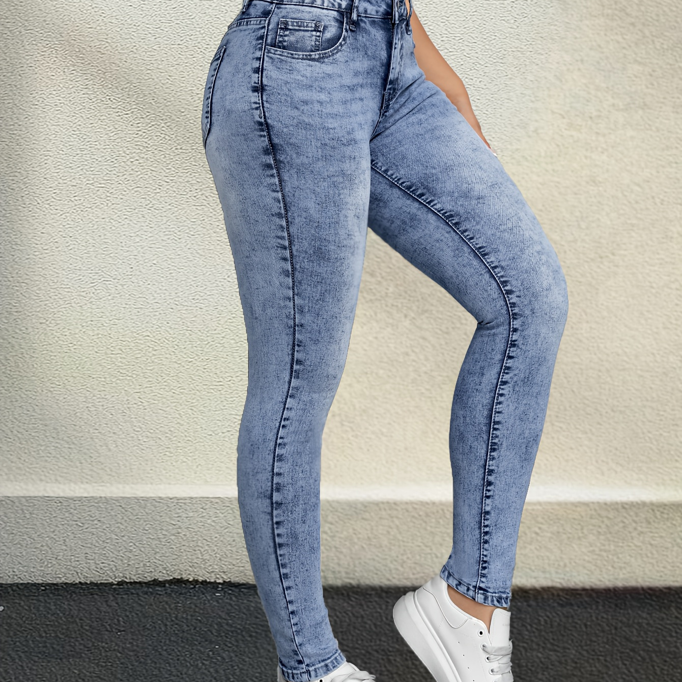 

Women's High-waisted Stretch Cotton Jeans With Polyester And Spandex, Elegant Design, Long Length, Zipper Closure, Seasonless