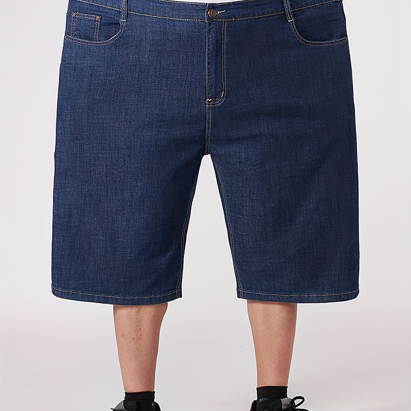 

Men's Plus Size High Waist Denim Shorts, Comfort Fit Mid-length Stretchy Jeans, Classic Versatile Elastic Casual Pants With Pockets