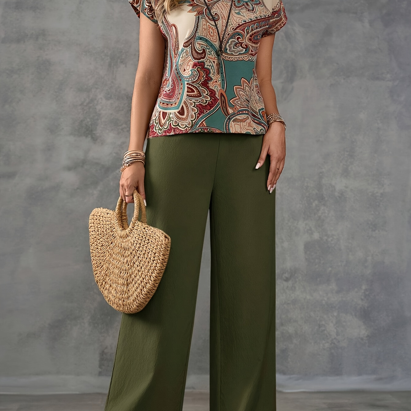 

Women's Paisley Print Blouse And Solid Color Long Pants Set, Round Neck, Polyester, Machine Washable