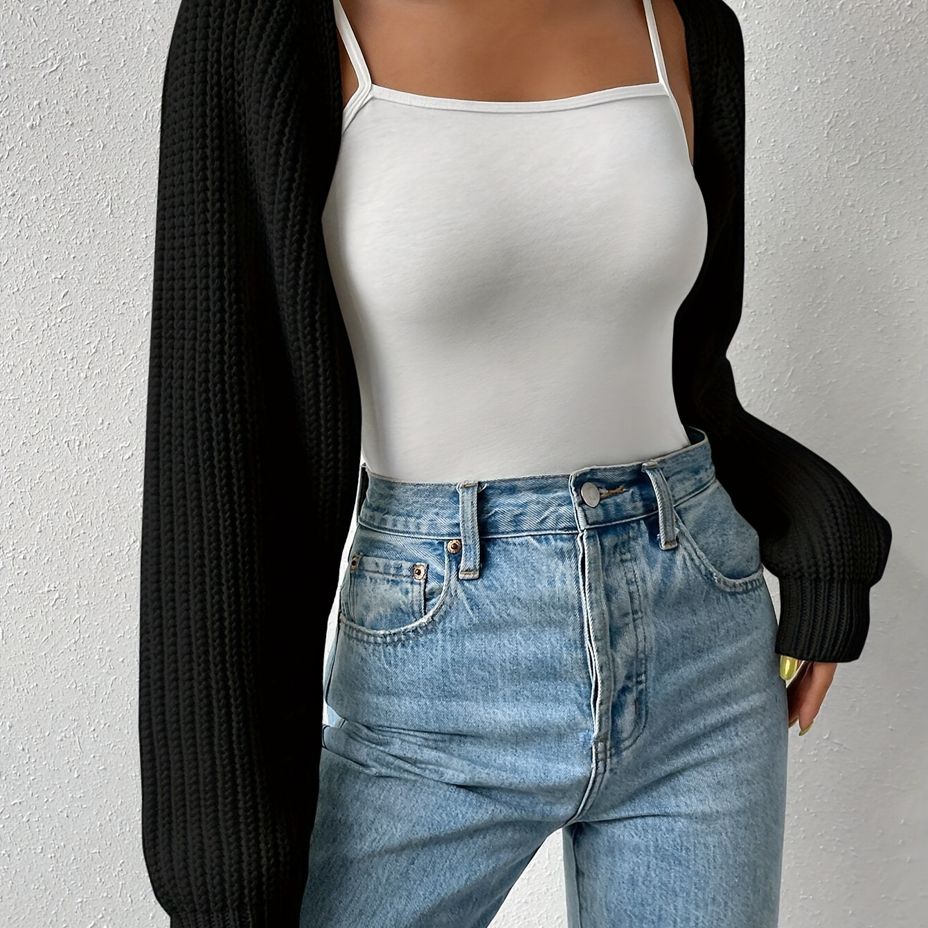 

Solid Color Knitted Crop Cardigan, Elegant Lantern Long Sleeve Open Front Top, Women's Clothing
