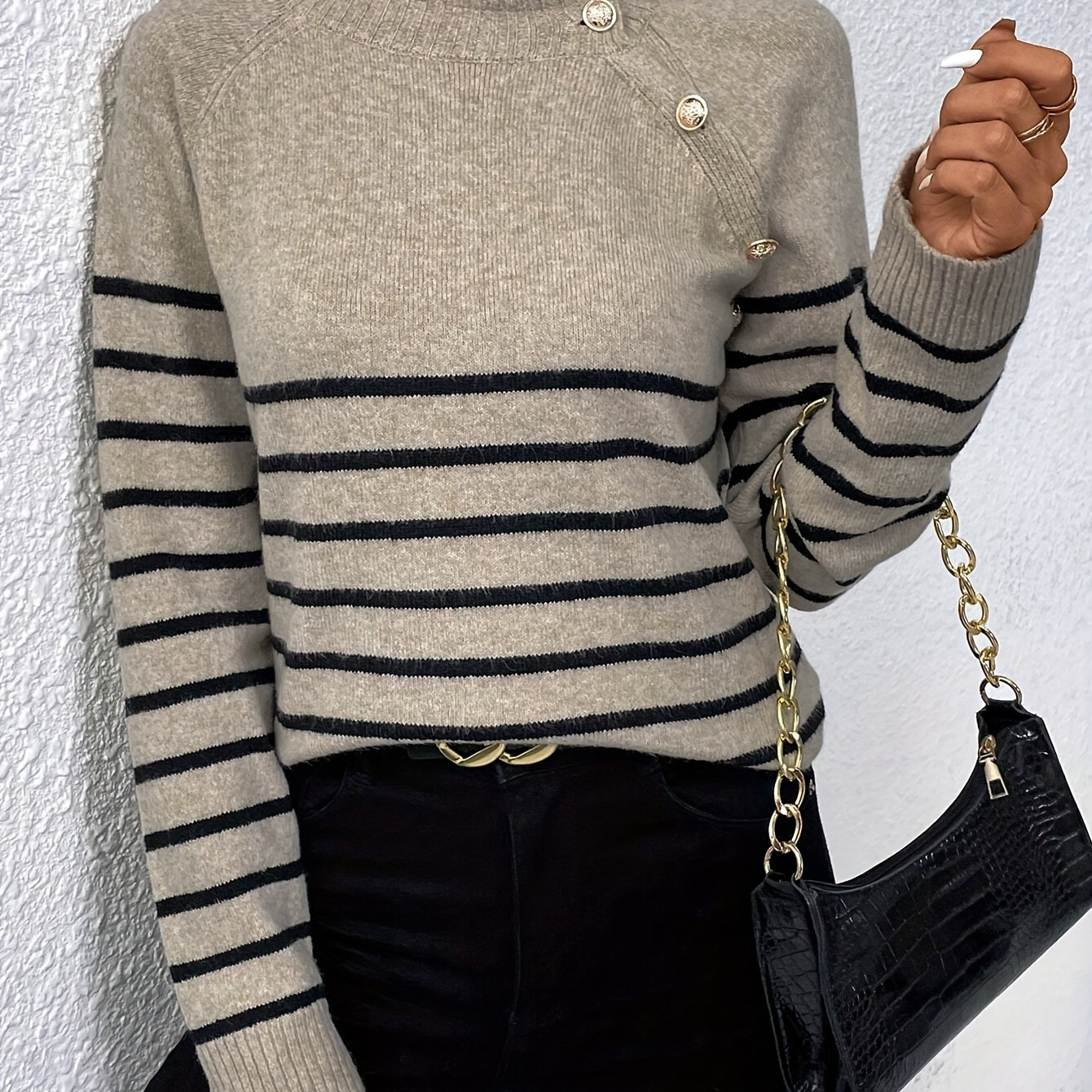 

Striped Lace Splicing Sweater, Casual Long Sleeve Sweater For Fall & Winter, Women's Clothing