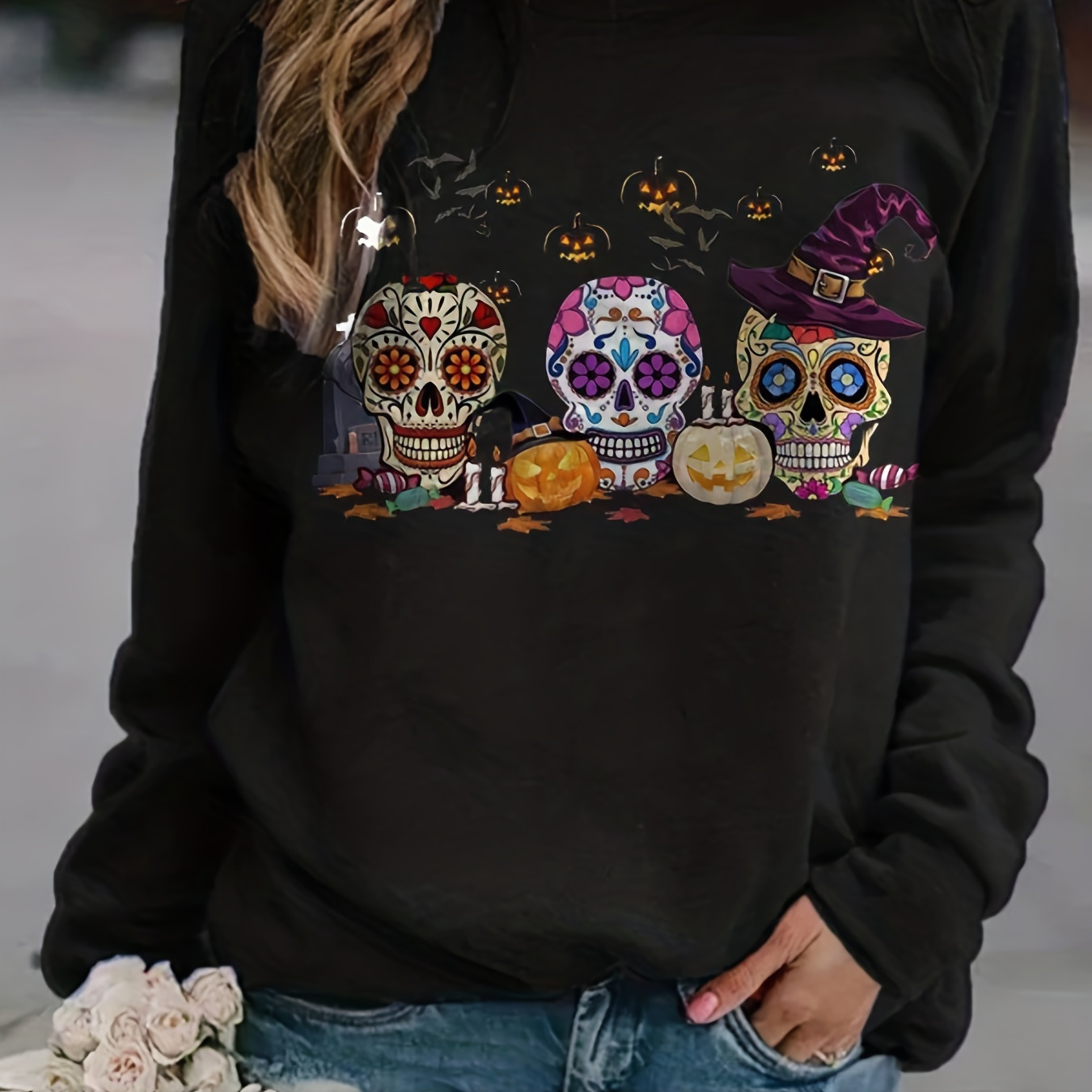 

Halloween Skull Print Crew Neck Sweatshirt, Casual Long Sleeve Raglan Shoulder Sweatshirt, Women's Clothing
