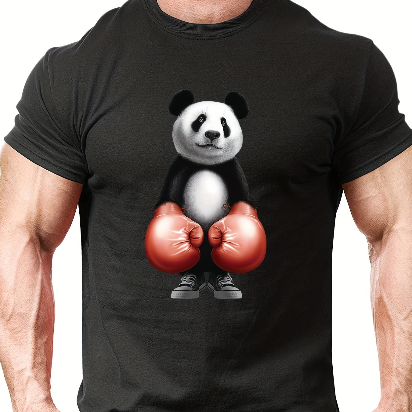 

Panda Boxer, Men's Casual Mid Stretch Crew Neck Graphic Tee, Male Clothes For Summer