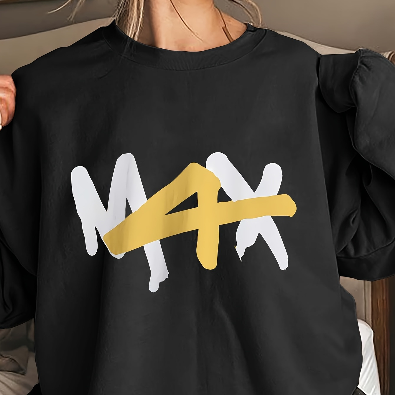 

Women's Polyester Crew Neck Sweatshirt, Casual Knit Fabric Top, With M4x Alphabet Print, For Fall/winter