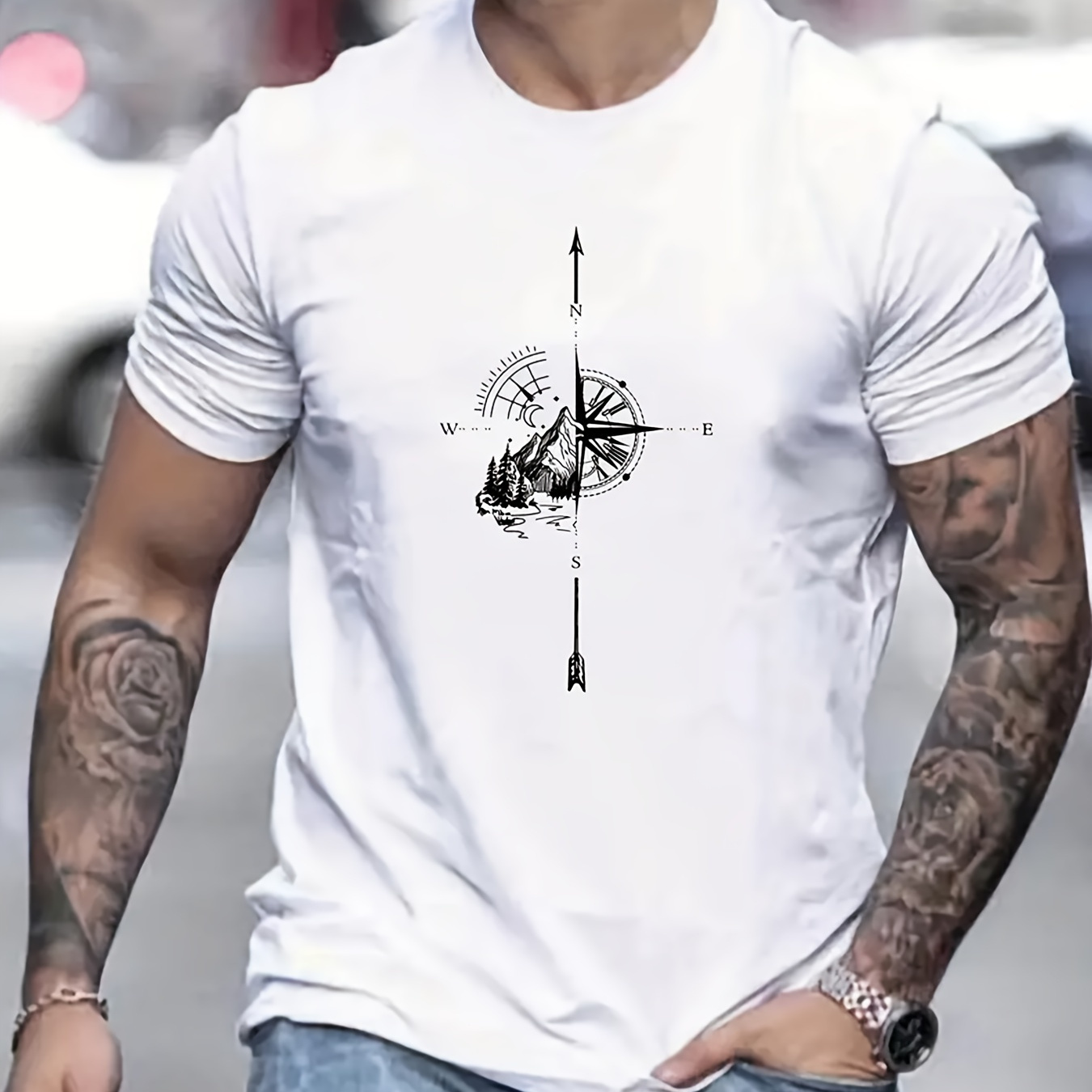 

Creative Compass Pattern Print, Men's Graphic Design Crew Neck T-shirt, Casual Cotton Comfy Tees For Summer, Men's Clothing Tops For Daily Gym Workout Running