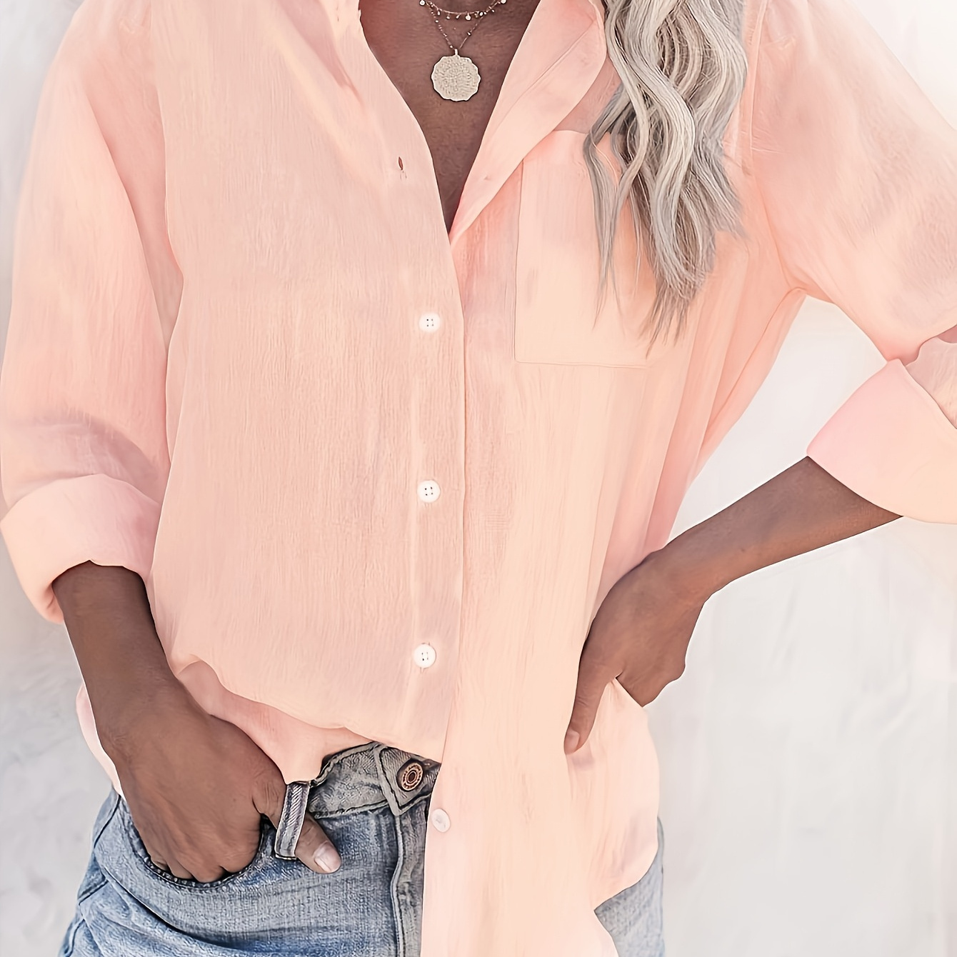 

Women's Casual Long Sleeve Button-up Shirt With Collar - Solid Color, Polyester, Machine Washable