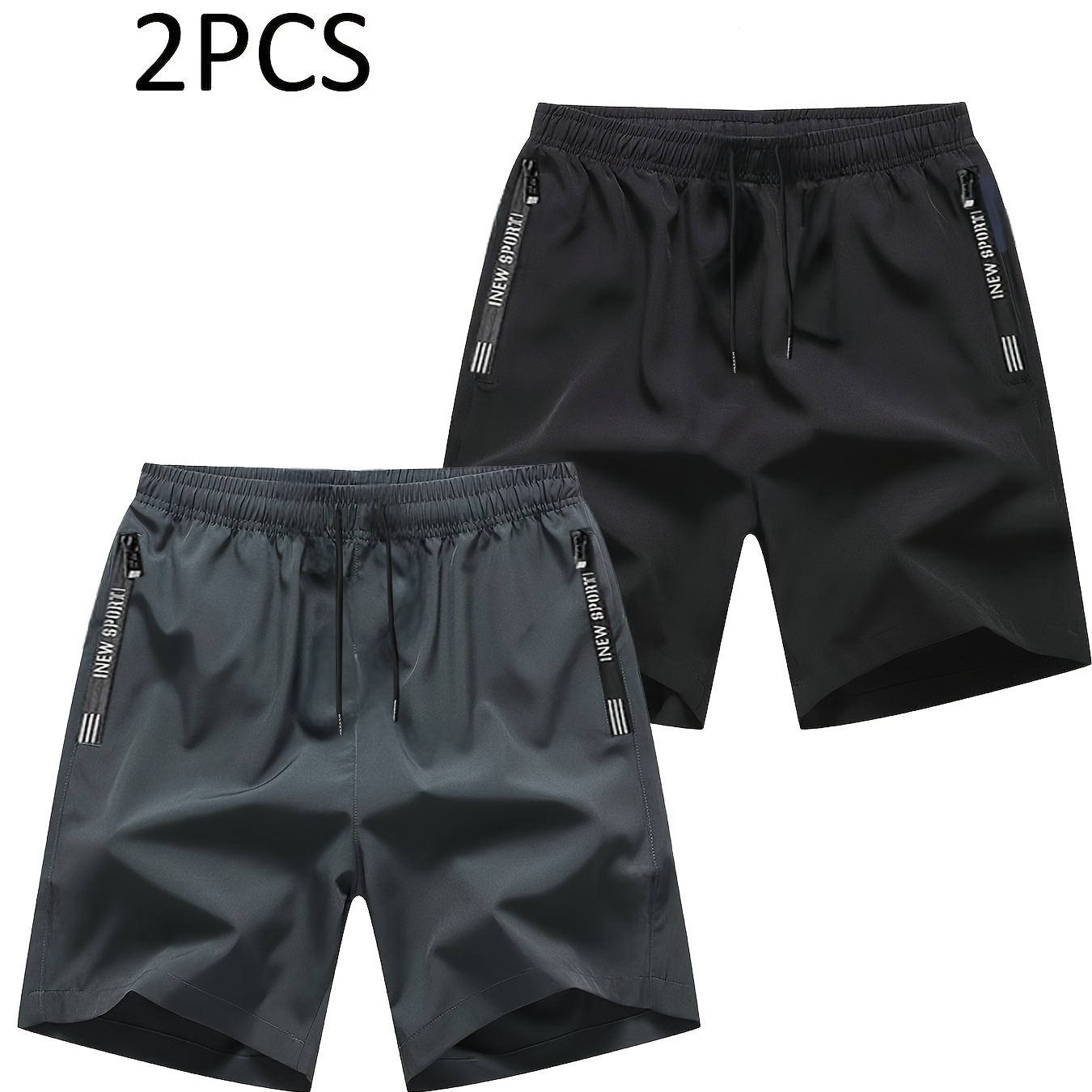 

2pcs Men's Solid Comfy Active Shorts With Zipper Pockets, Casual Breathable Waist Drawstring Shorts For Summer