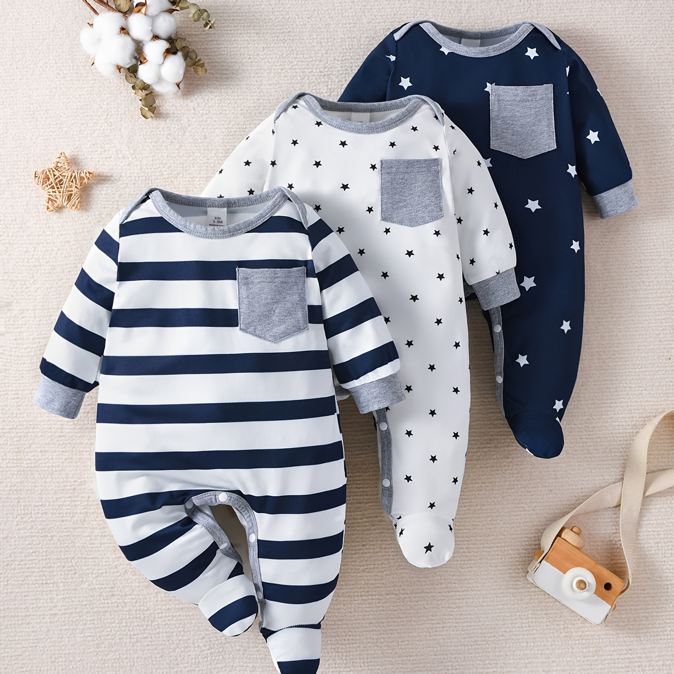 

3pcs Baby Boy's Footed Onesies, Casual Style Baby Rompers With Stripes And Star Patterns, Infant Long-sleeve Sleep & Play Outfits With Front Pocket