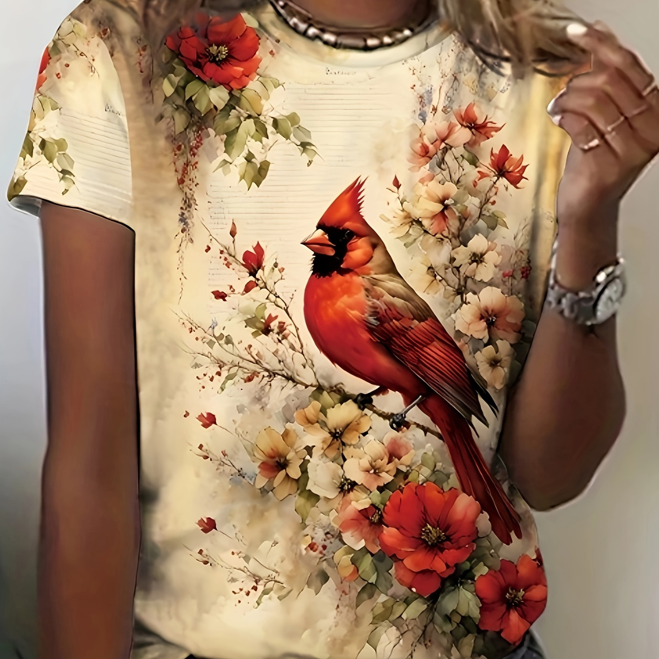 

Floral & Bird Print Crew Neck T-shirt, Casual Short Sleeve Top For Spring & Summer, Women's Clothing