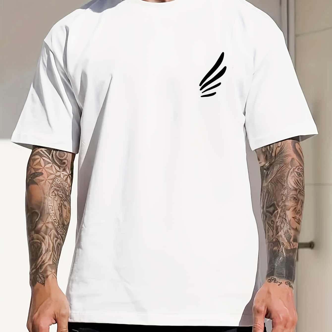 

Casual Style Trendy Men's Heavyweight Pure Cotton Round Neck Geometric Small Wings Pattern Printed T-shirt